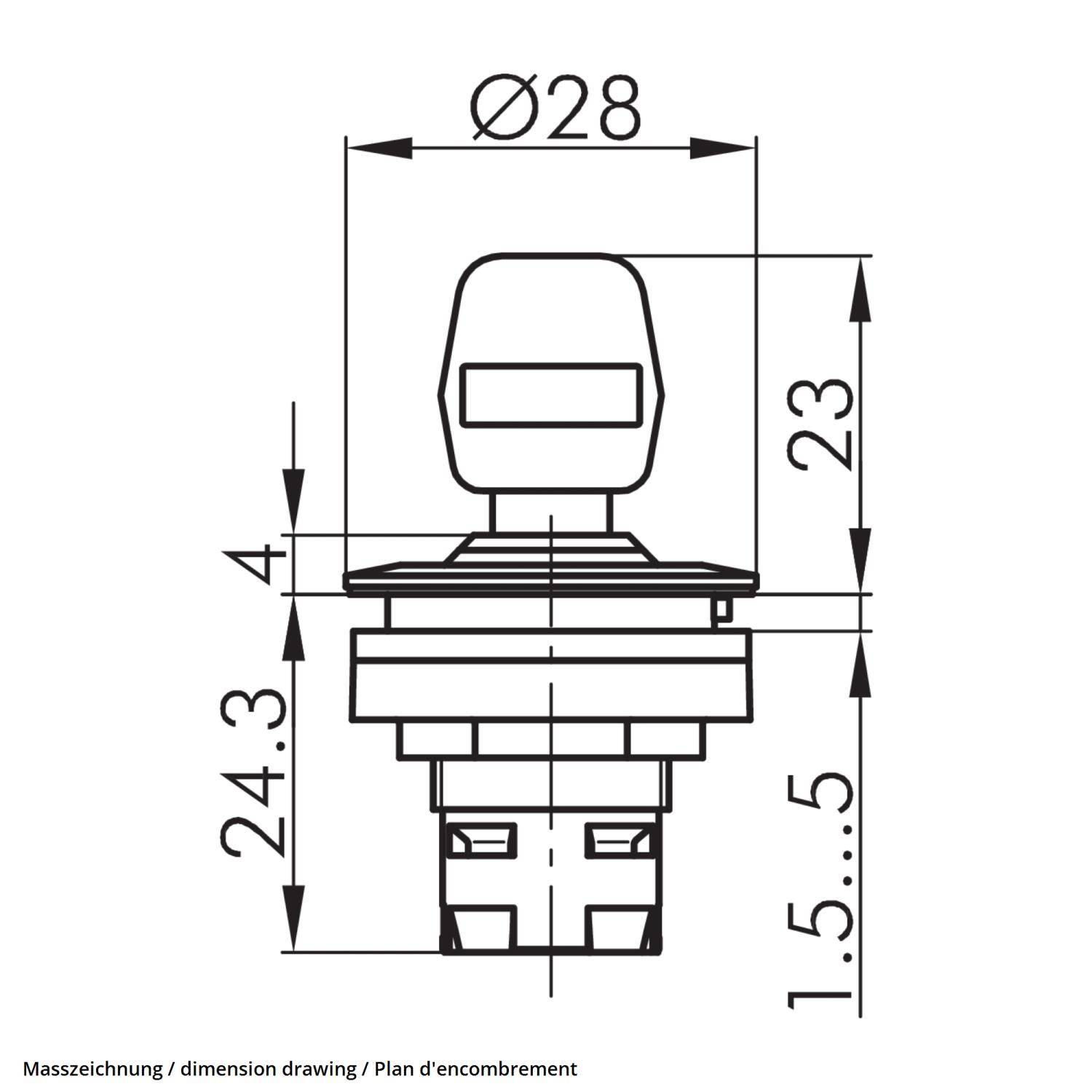Technische Zeichnung eines runden Druckknopfs mit obenliegendem Schlüssel, Durchmesser 28mm. Enthält Abmessungen: Höhe 24,3mm, ausgefahrene Schlüsselhöhe 23mm.