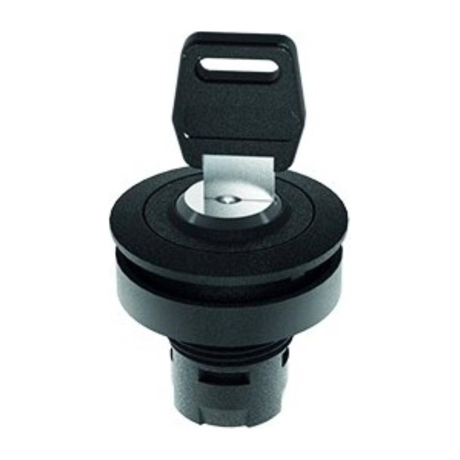 Ein schwarzes, zylindrisches Schloss mit einem runden Schlüssel, der eingesteckt ist und den Mechanismus des Schlosses zeigt.