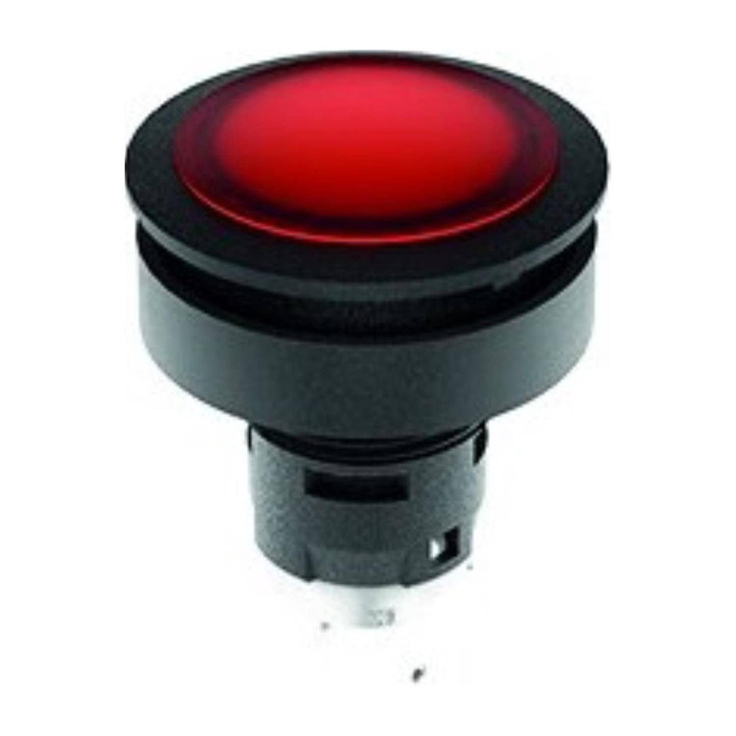 Ein runder roter Knopf mit einer schwarzen Basis, der typischerweise für elektronische Geräte oder Notaus-Funktionen verwendet wird.