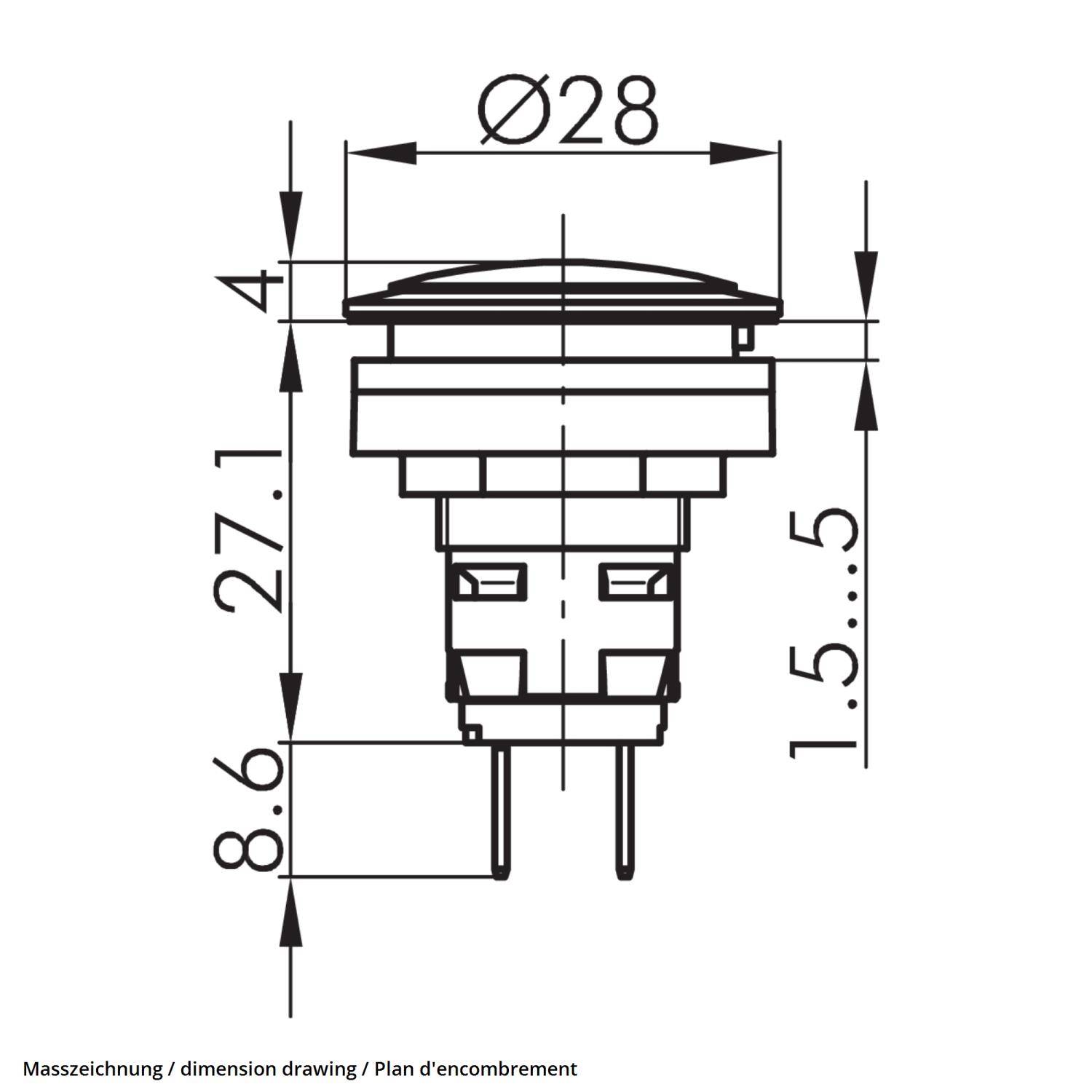 Maßzeichnung eines Tasterschalters mit Abmessungen: Durchmesser 28, Höhe 8,6 und 2,7, Pinhöhe 1,5 bis 5.