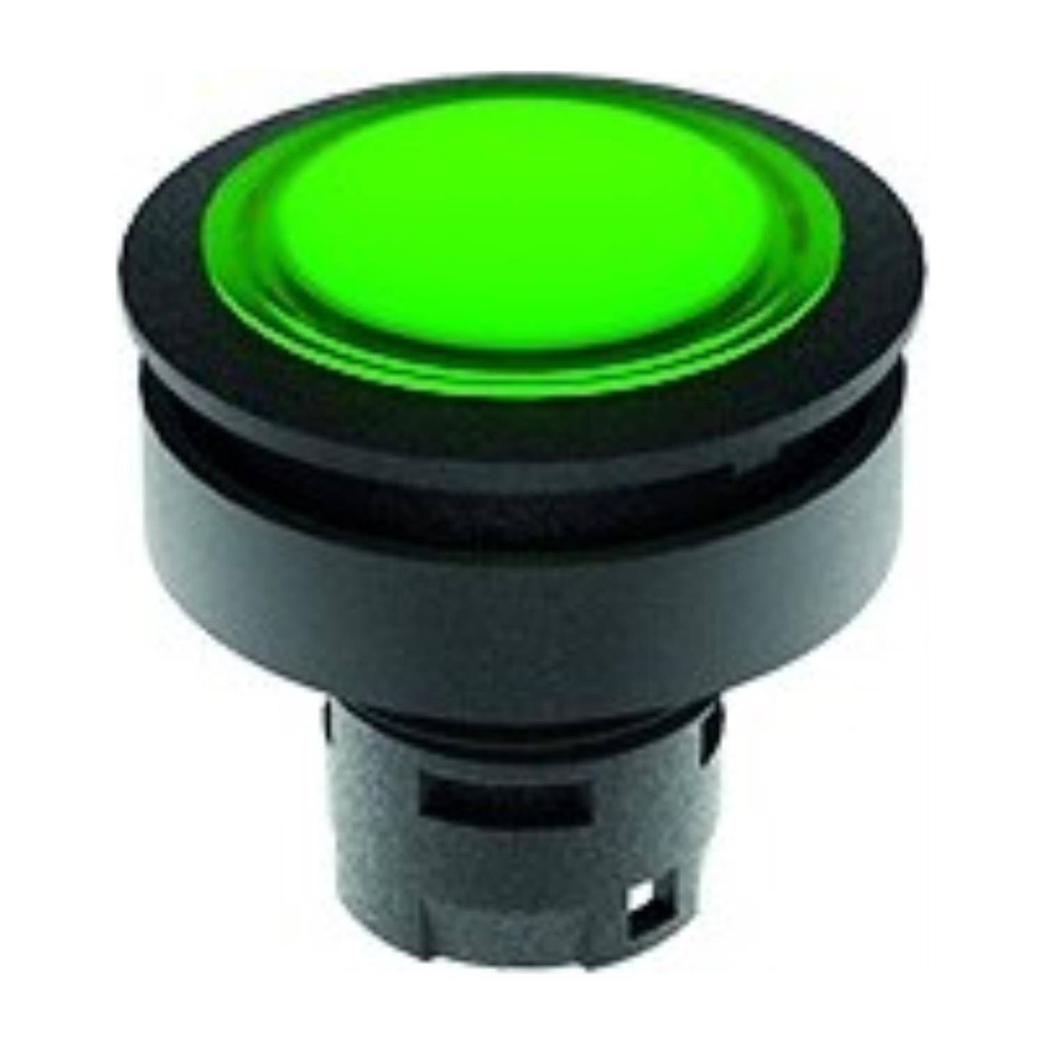 Ein runder, grüner, beleuchteter Drucktaster mit schwarzem Sockel, der zum Aktivieren oder Steuern eines Geräts verwendet wird.