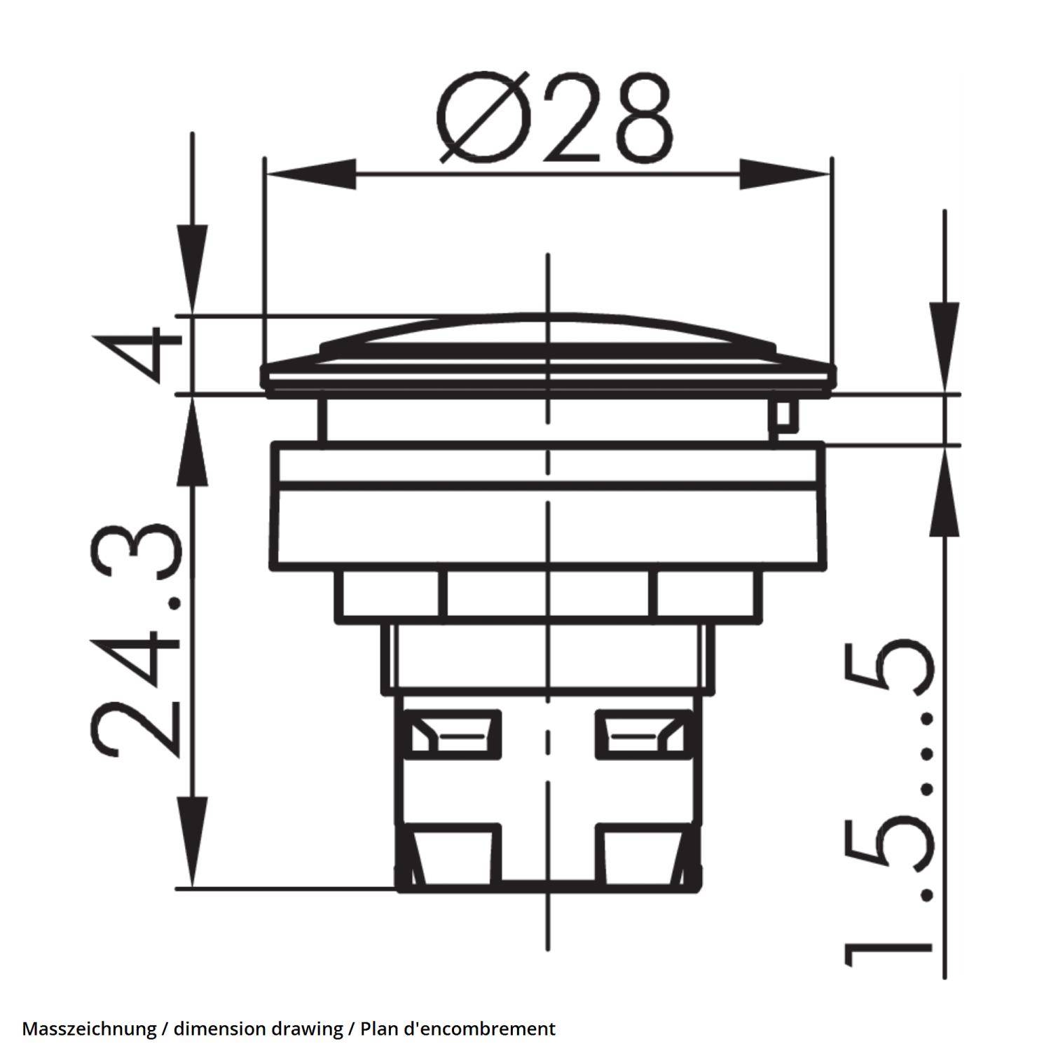 Eine technische Zeichnung eines Druckknopfschalters zeigt wichtige Abmessungen: 28 mm Durchmesser, 24,3 mm Höhe und eine Einbautiefe von 1,5 bis 5 mm.