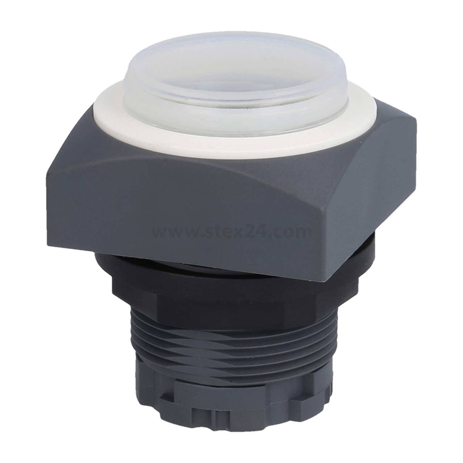 Ein grau-weißer Drucktastenschalter mit quadratischer Grundfläche, der für elektrische Installationen verwendet wird.