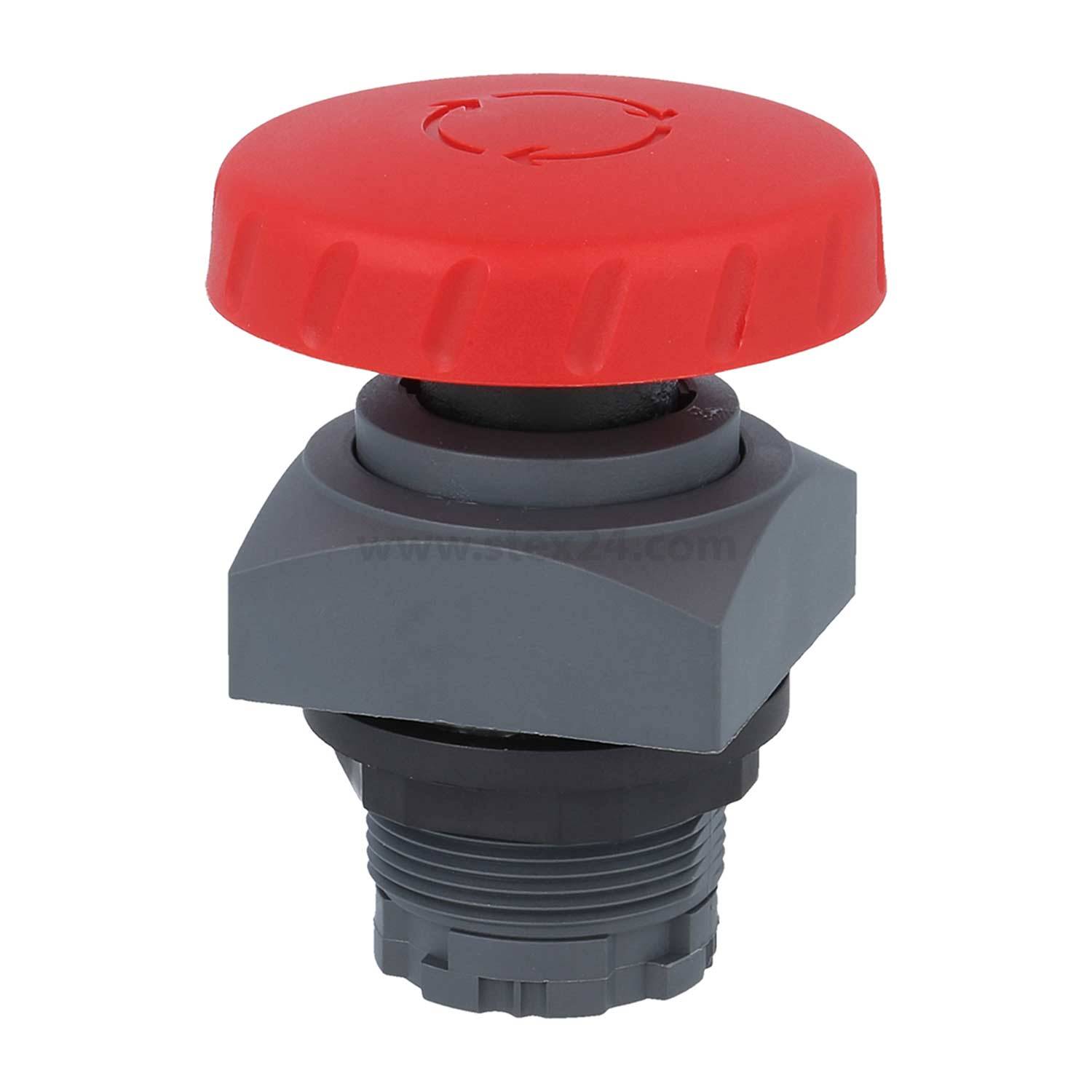 Notaus-Taste mit einer großen roten Kappe, auf der ein Pfeilsymbol zu sehen ist, montiert auf einer grauen Grundfläche.