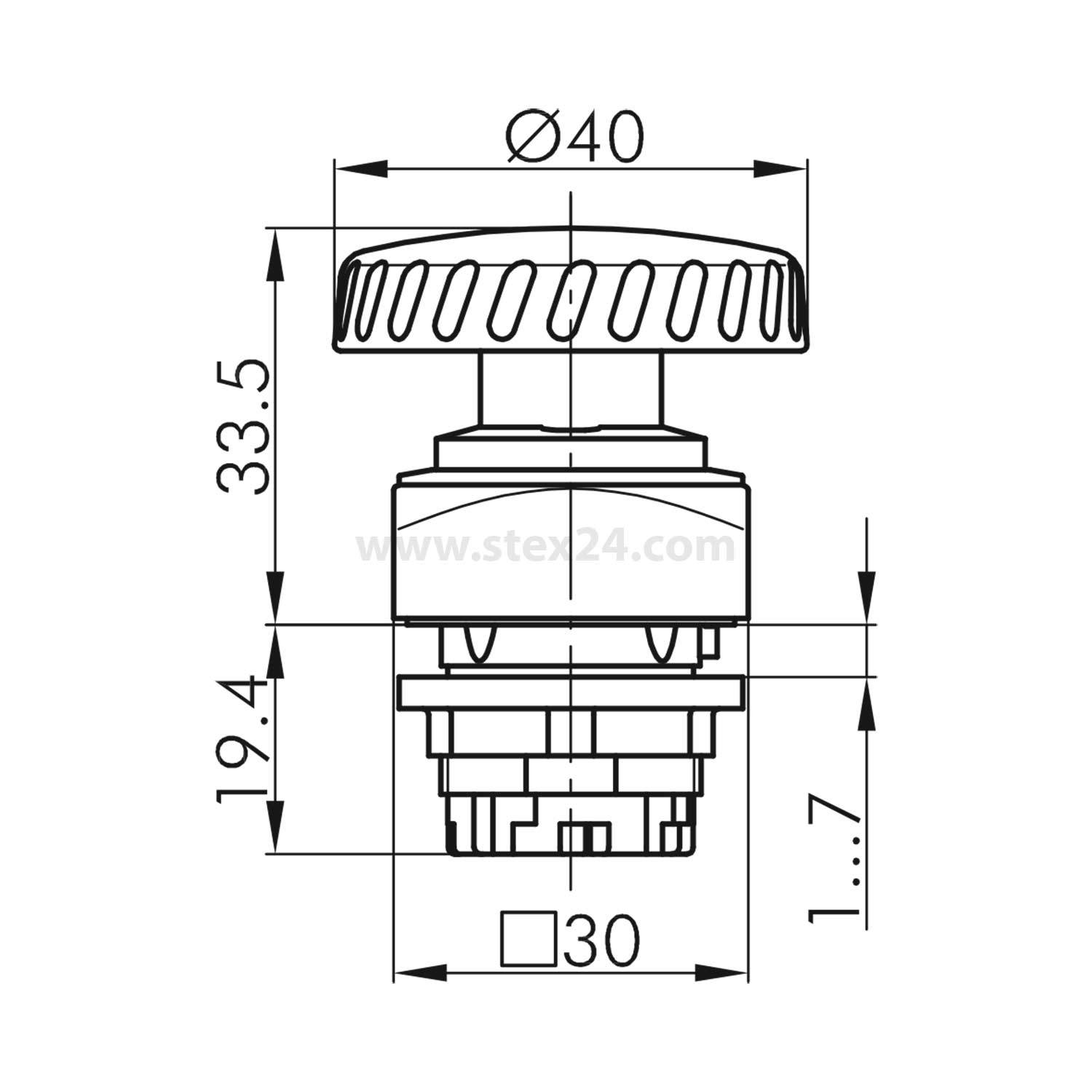 Technische Zeichnung eines Bedienknopfs mit Maßangaben: 40 mm Durchmesser, 33,5 mm Höhe, 19,4 mm unterer Abschnitt und 30 mm quadratische Basis.