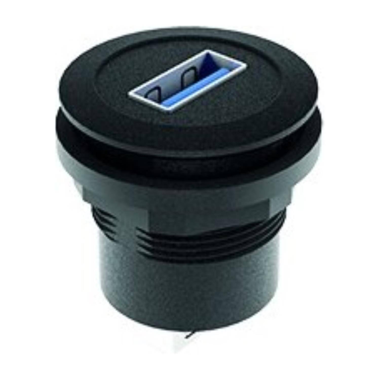 USB 3.0-Anschluss in einer kreisförmigen schwarzen Halterung, für die Paneelmontage konzipiert.