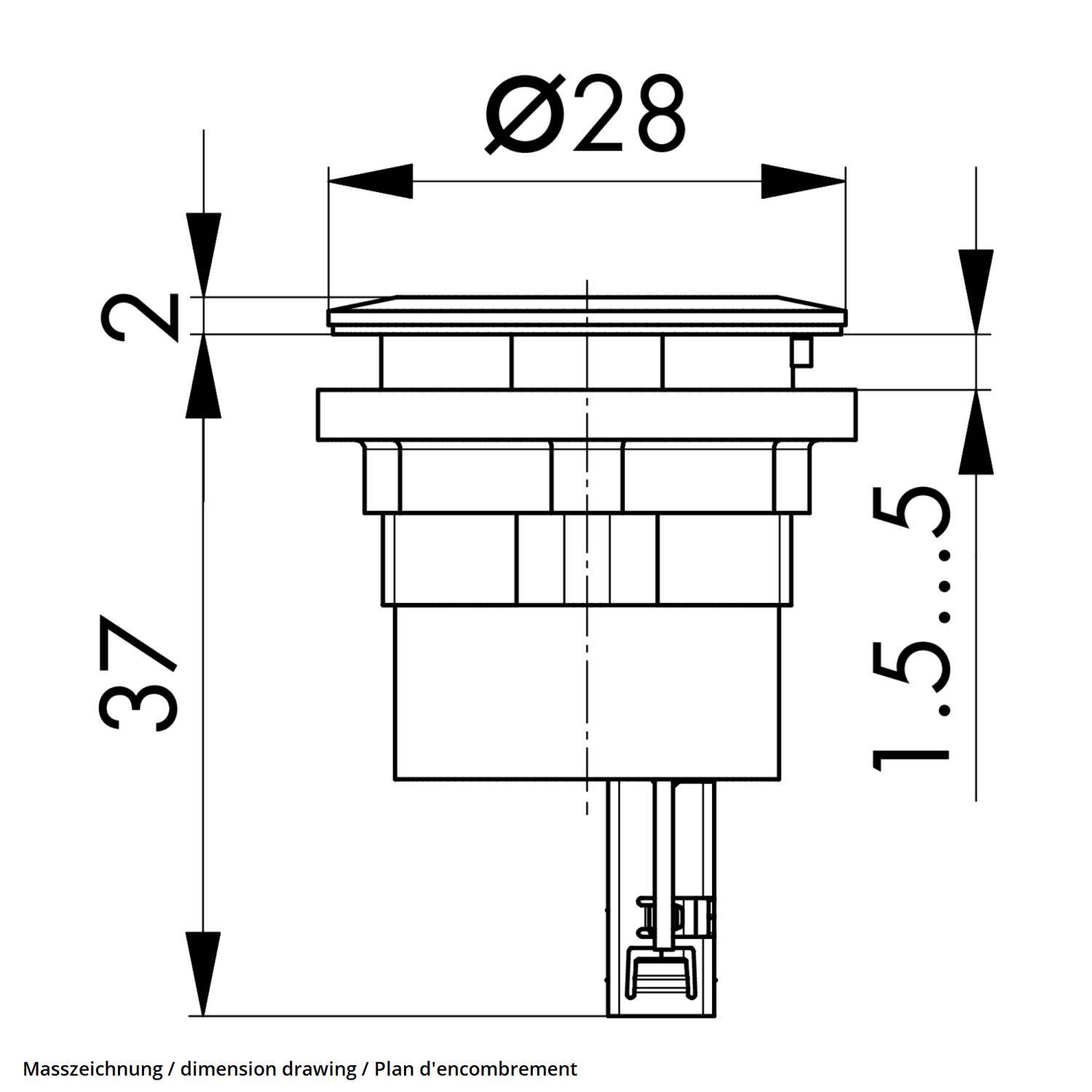 Maßzeichnung eines zylindrischen Objekts mit einem Durchmesser von 28 Einheiten und einer Höhe von 37 Einheiten. Oberes Segment ist 2 Einheiten; unterer Bereich 1,5-5 Einheiten.