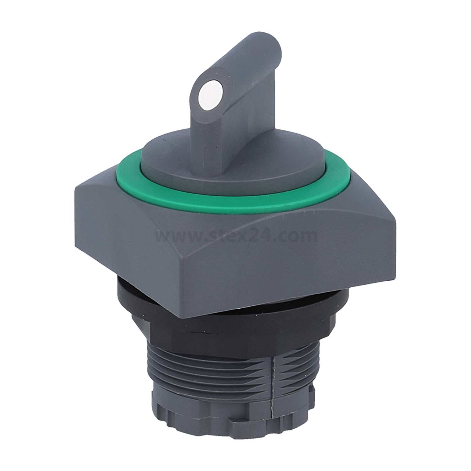 Grauer Drehschalter mit grünem Ring und vertikalem Griff, konzipiert für Einbau in Bedienblenden.