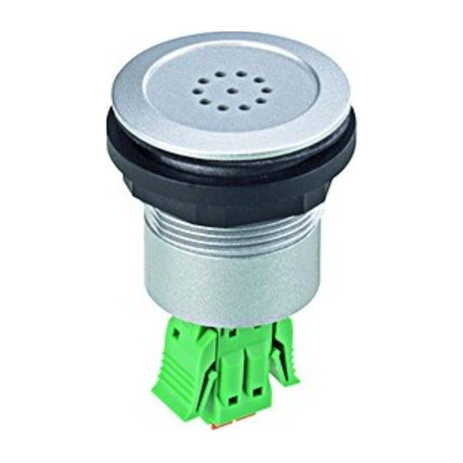 Eine kreisförmige Metallpiezozoemmer mit durchlochter Oberseite. Darunter ist ein grüner Kunststoffstecker für elektrische Verbindungen zu sehen.