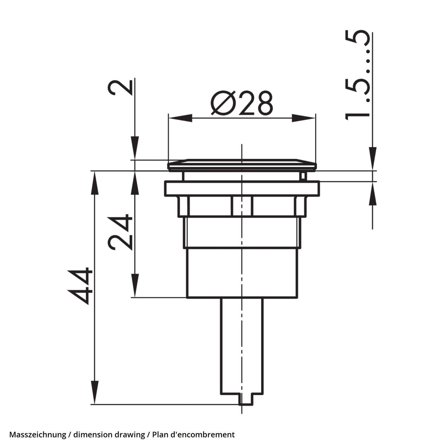 Technische Zeichnung eines zylindrischen Objekts mit Maßen: Durchmesser 28 mm, Höhe 44 mm, Dicke 2 mm. Zusätzliche Höhendetails zeigen 1,5 bis 5 mm.
