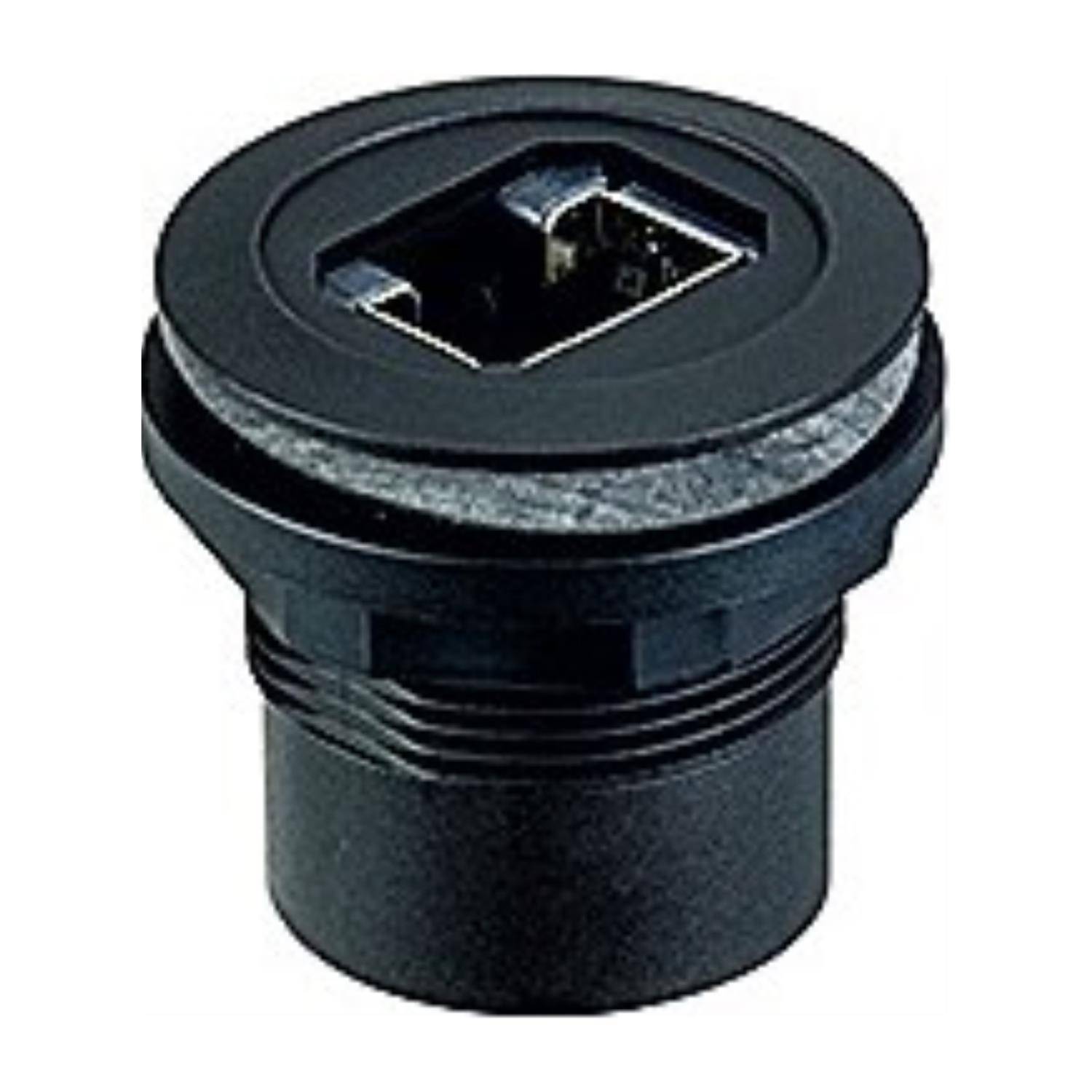 Ein kreisförmiger, schwarzer, Einbau-RJ45-Ethernet-Anschluss, entwickelt für robuste, sichere Netzwerkverbindungen, von oben betrachtet.