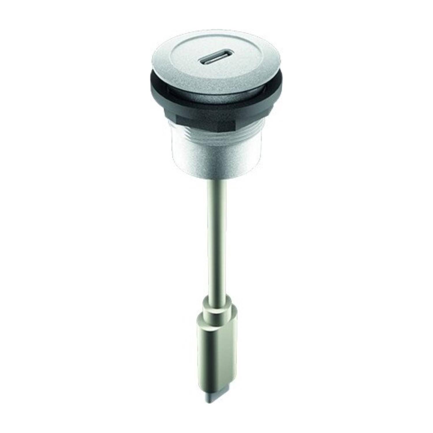 Eine zylindrische Metallschraube mit einem USB-C-Anschluss an der Oberseite, entwickelt für sichere Befestigung und Verbindung in elektronischen Geräten.