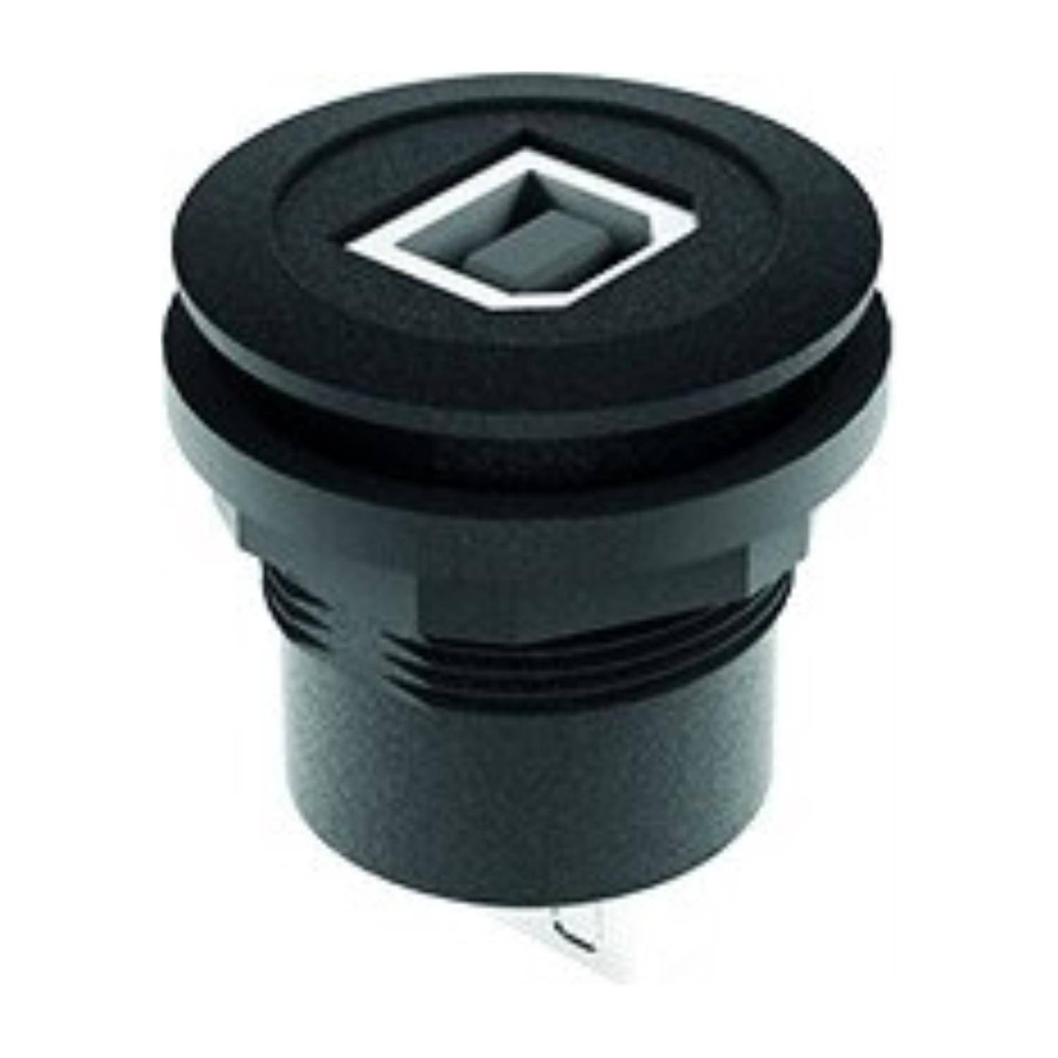 Ein schwarzer Drucktastenschalter mit quadratischem Betätigungselement und Gewindeanschluss, geeignet für die Befestigung in Bedienblenden elektronischer Geräte.