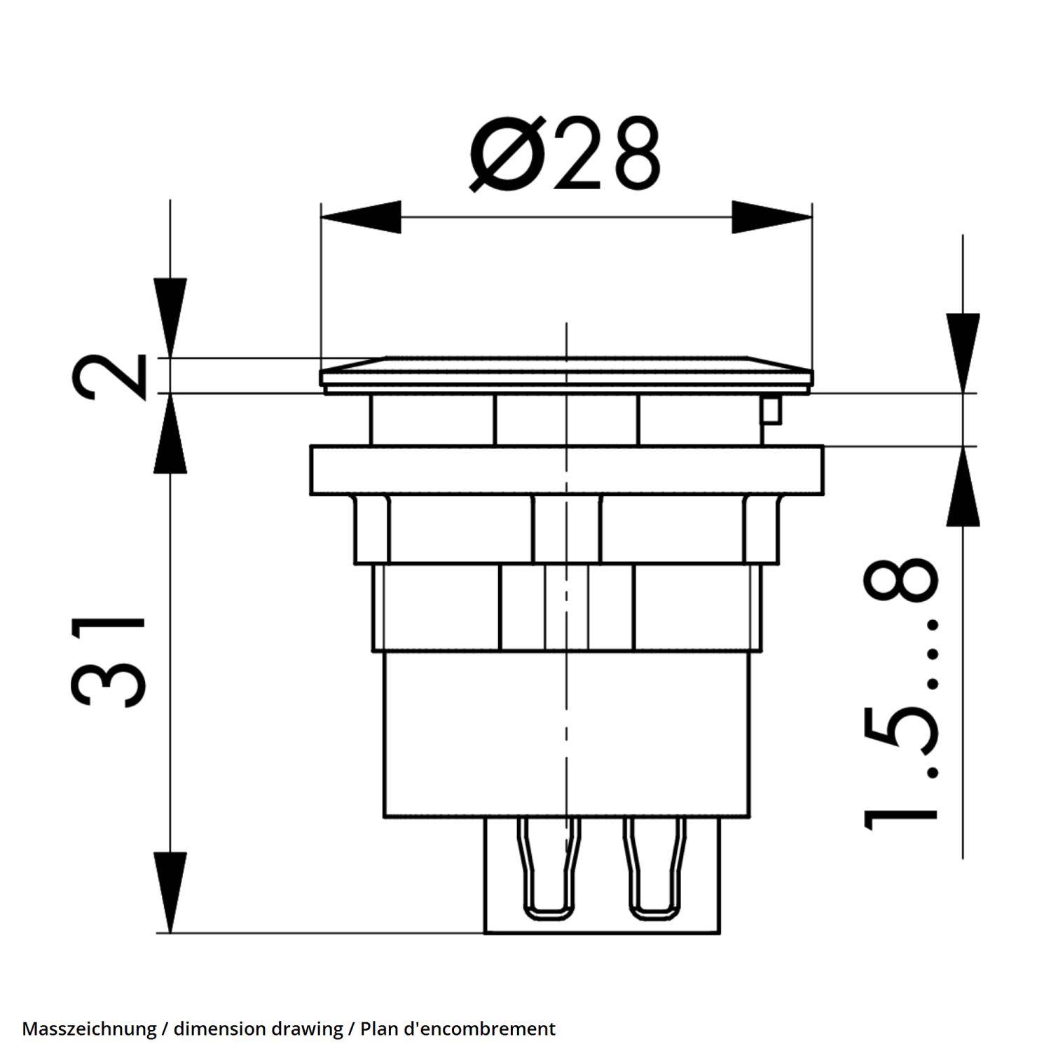 Querschnittsdiagramm eines Geräts, mit Abmessungen: Durchmesser 28 mm, Gesamthöhe 31 mm, Höhe des Bodensegments 1,5-8 mm.