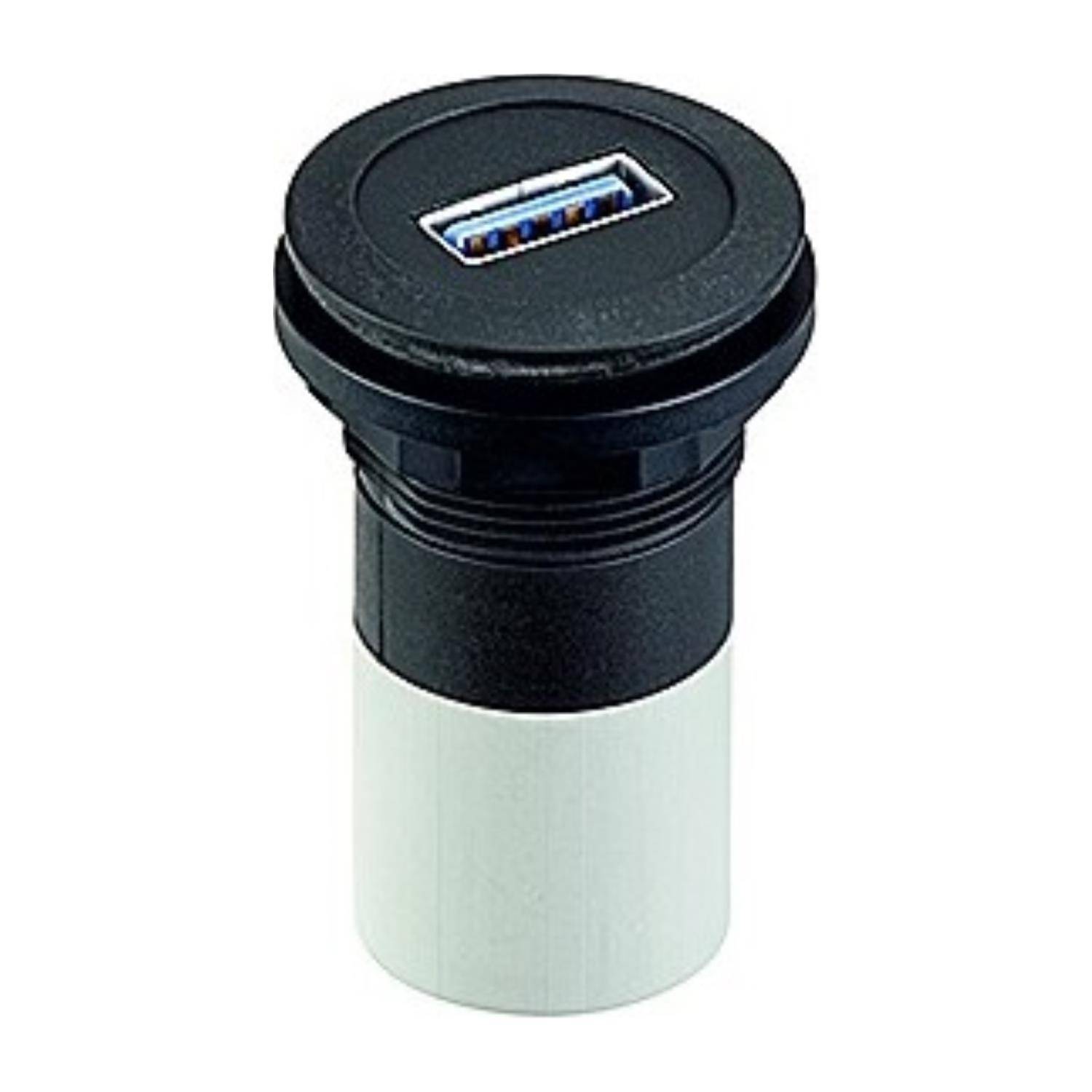 Ein einzelner schwarzer und weißer USB-Anschluss mit einer kreisförmigen Basis zur Befestigung.