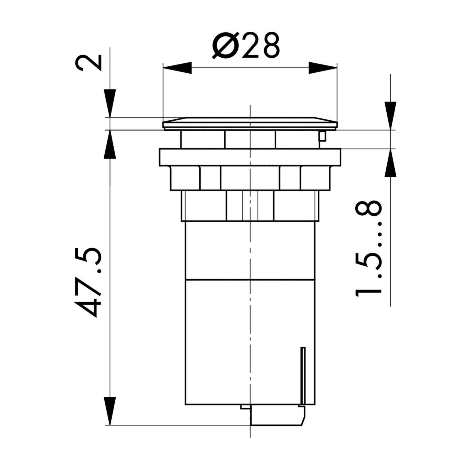 Diagramm eines zylindrischen Objekts mit Maßangaben: Durchmesser 28 mm, Höhe 47,5 mm, obere Erweiterung 2 mm, unterer Erweiterungsbereich 1,5-8 mm.