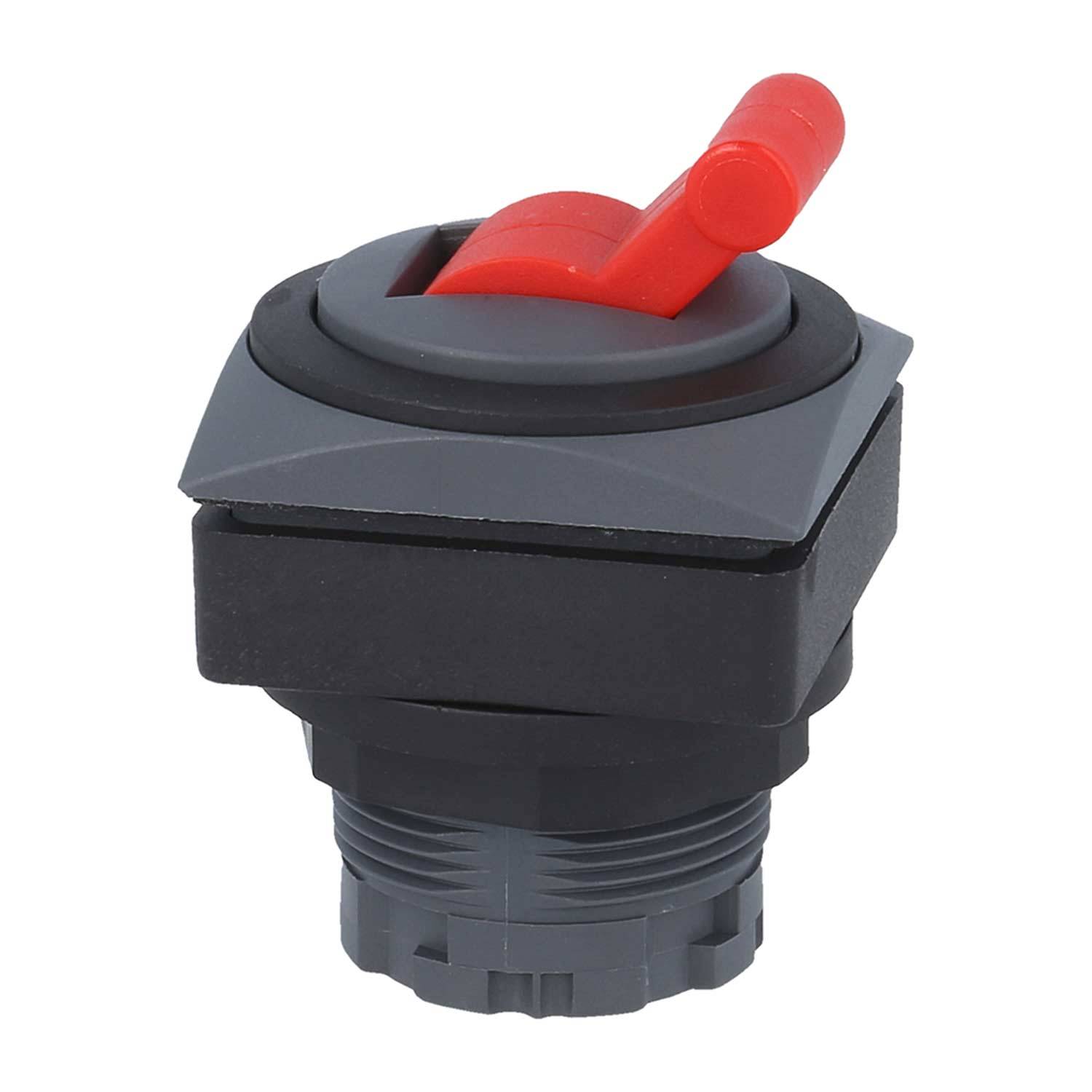 Ein grauer und schwarzer industrieller Schalter mit einem erhöhten roten Hebel, für die Montage auf einer Schalttafel konzipiert.