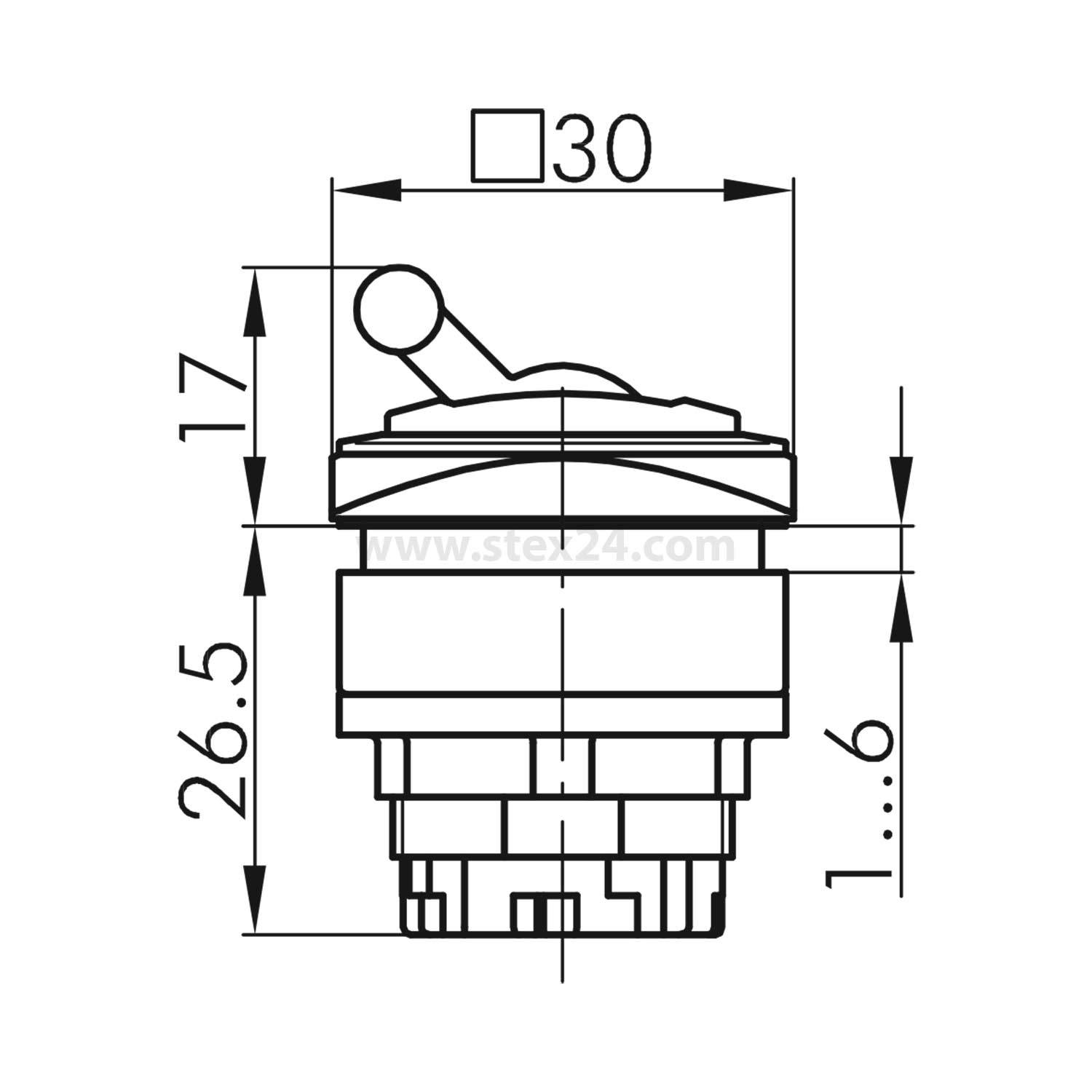 Diagramm eines Kontrollschalters mit Griff. Abmessungen: 30 mm Durchmesser, 17 mm Höhe des Griffbereichs, 26,5 mm Gesamthöhe.