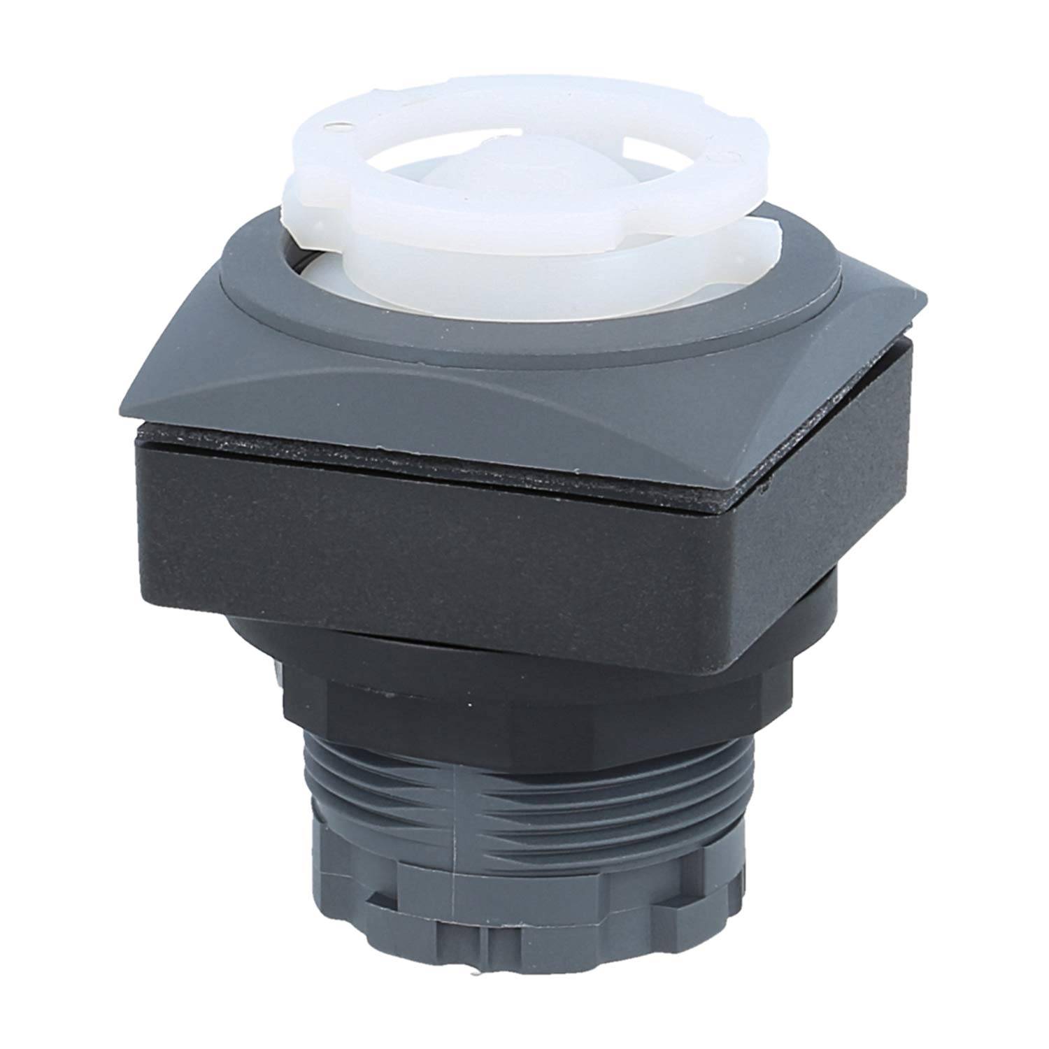 Ein schwarzer und grauer industrieller Kippschalter mit einer weißen Oberkomponente, möglicherweise für Maschinen oder Kontrollpanels, der vor einem weißen Hintergrund gezeigt wird.