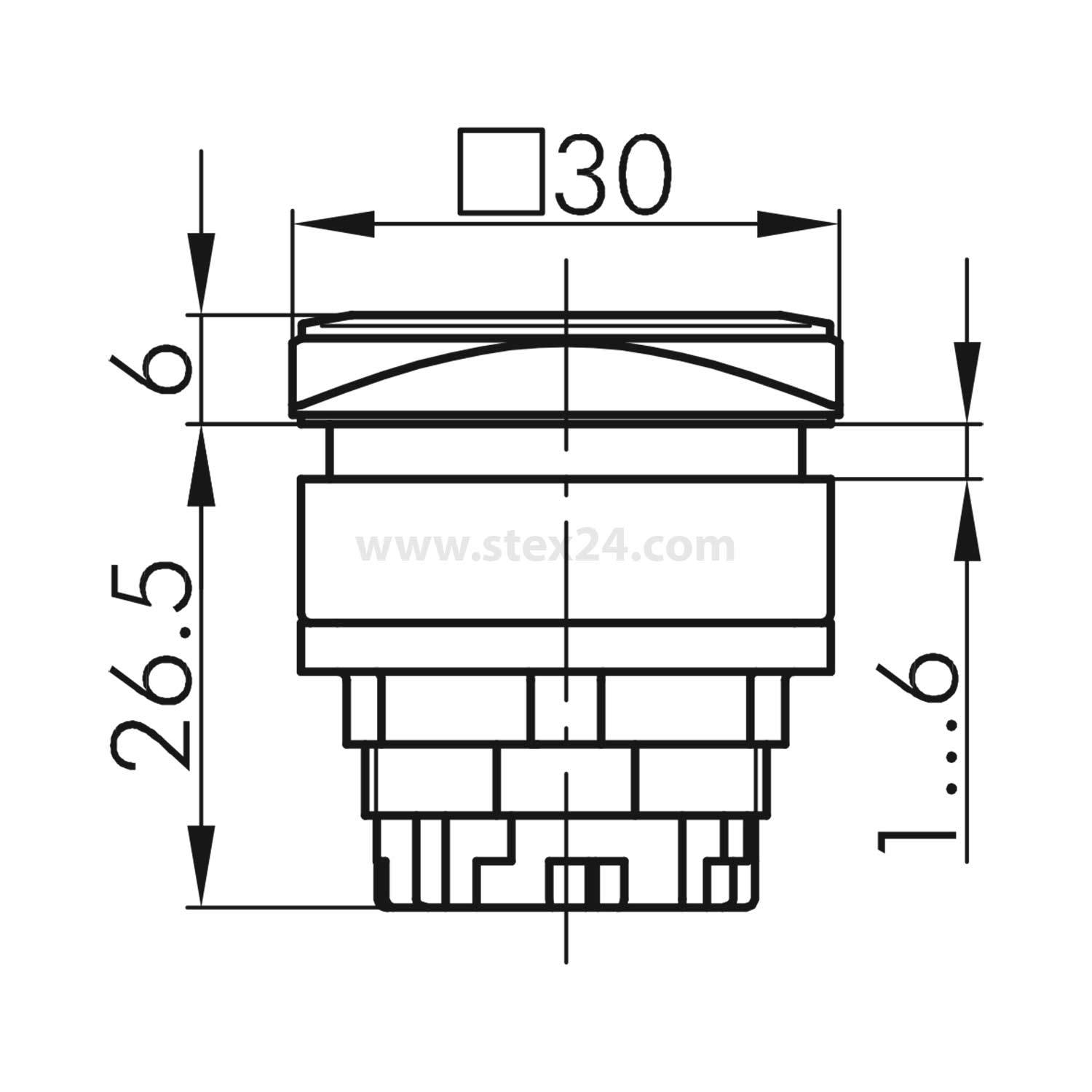 Technische Zeichnung einer zylindrischen Komponente mit folgenden Maßen: 30 mm Durchmesser, 6 mm Höhe Oberteil, 26,5 mm Gesamthöhe.