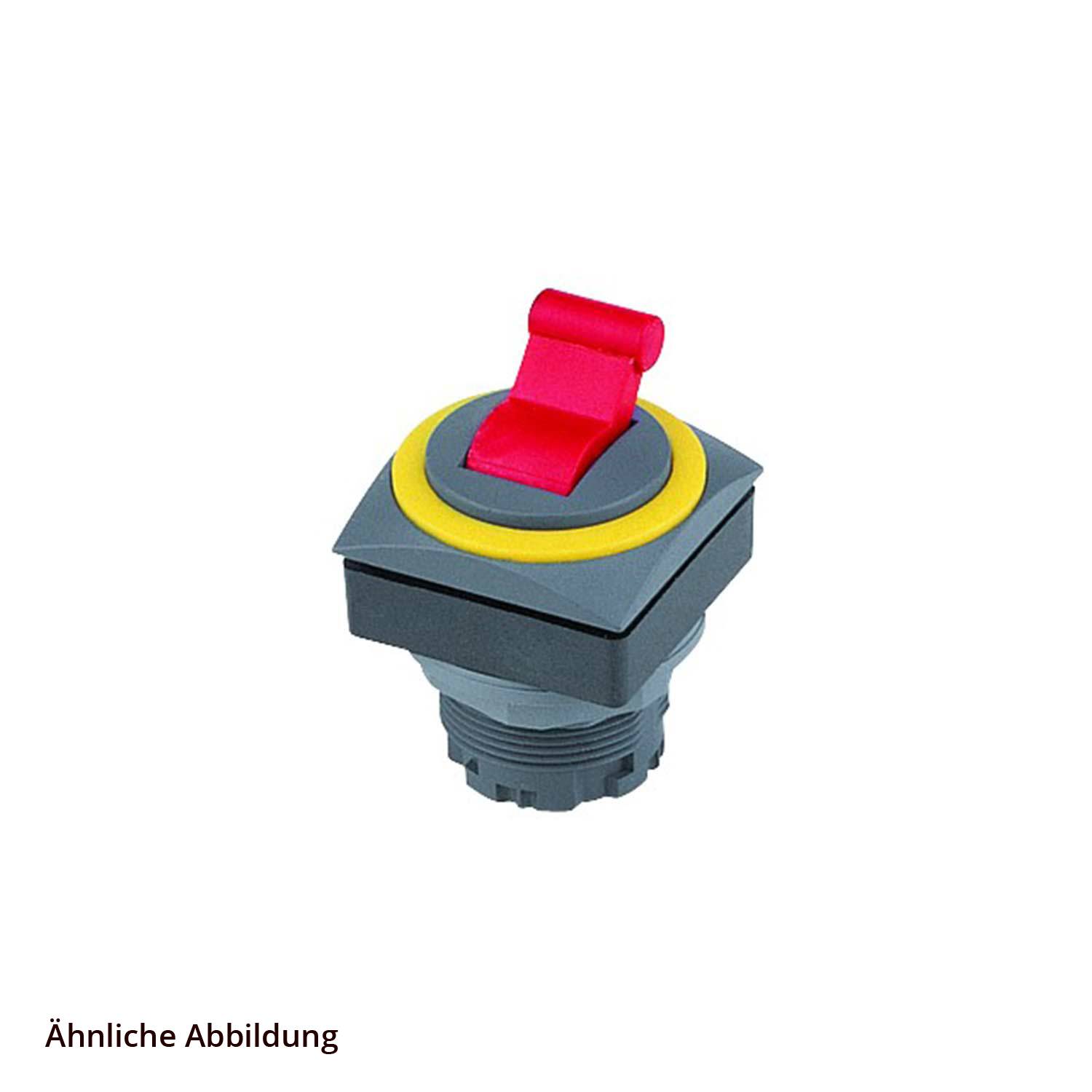 Ein roter Not-Aus-Knopf, umgeben von einem gelben Ring, auf einer grauen Montageplatte.