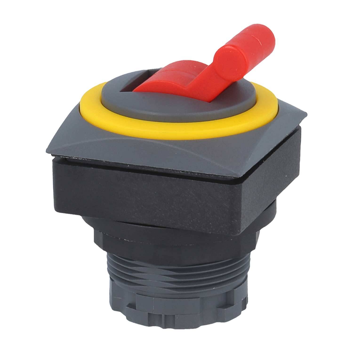 Roter und gelber Notaus-Schalter mit einer grauen Grundfläche, typischerweise für industrielle Sicherheitszwecke verwendet, um Maschinenabläufe zu stoppen.