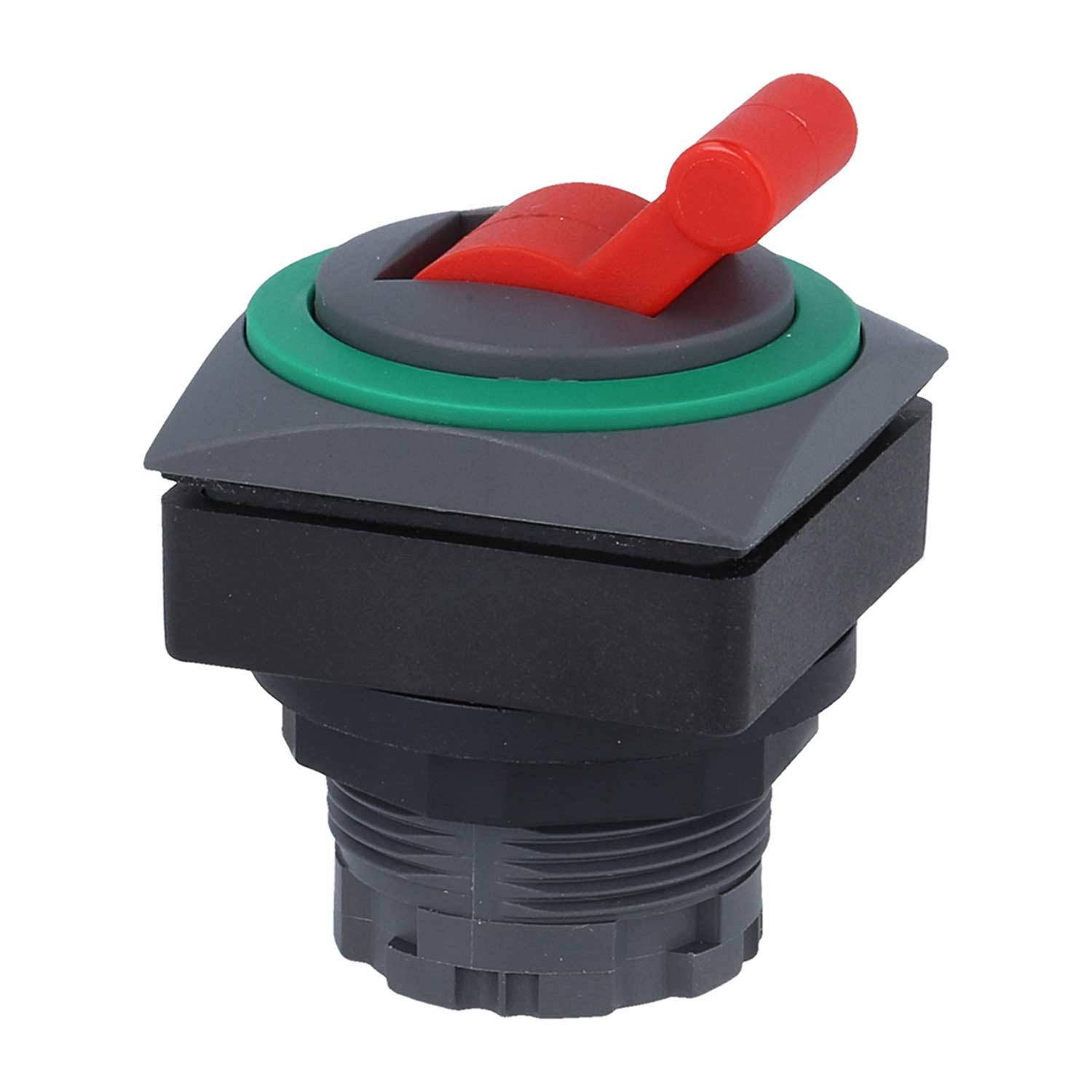 Schwarzer und roter Kippschalter mit grünem Ring, der zum Ein- oder Ausschalten von Strom oder Funktionen in elektronischen Geräten verwendet wird.