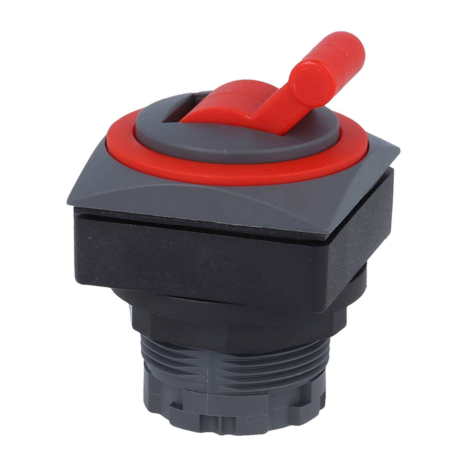 Ein roter und grauer industrieller Schalter mit einem Hebel, entwickelt für Maschinensteuerung oder Sicherheitsmechanismen.
