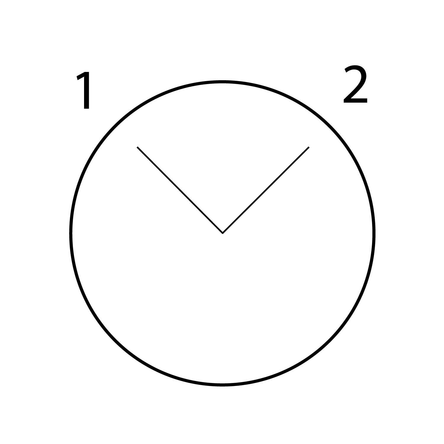 Ein einfaches Zifferblatt ohne Zahlen, das die Zeit als 11:00 Uhr zeigt, wobei der Stunden- und Minutenzeiger auf die 11 und 12 Positionen zeigen.