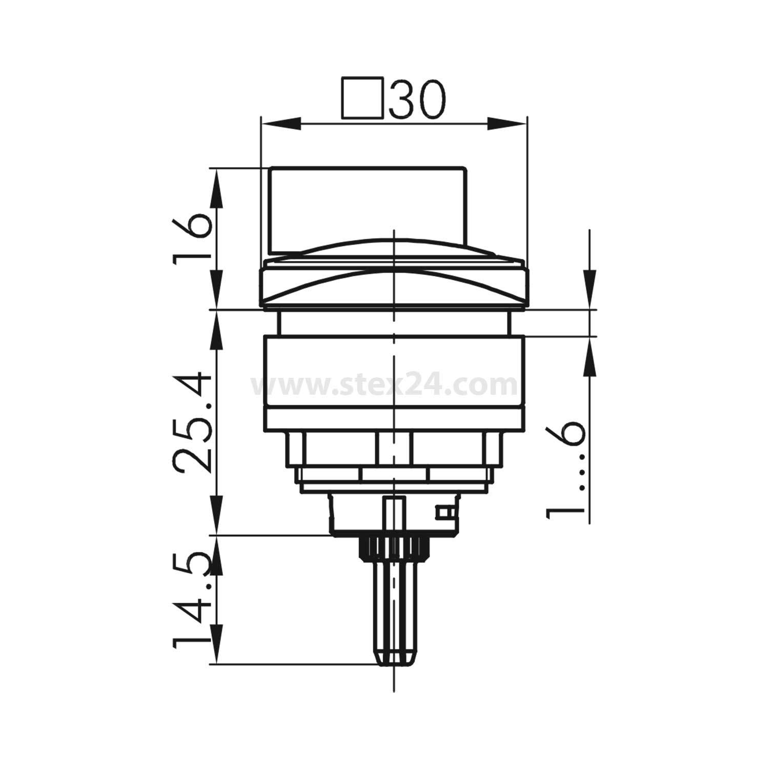Diagramm eines Drehschalters mit Maßen: 30 mm quadratische Frontplatte, 16 mm Höhe, 25,4 mm Tiefe, 14,5 mm Basisteildicke und 6 mm Schaftlänge. Modelldetails nicht enthalten.
