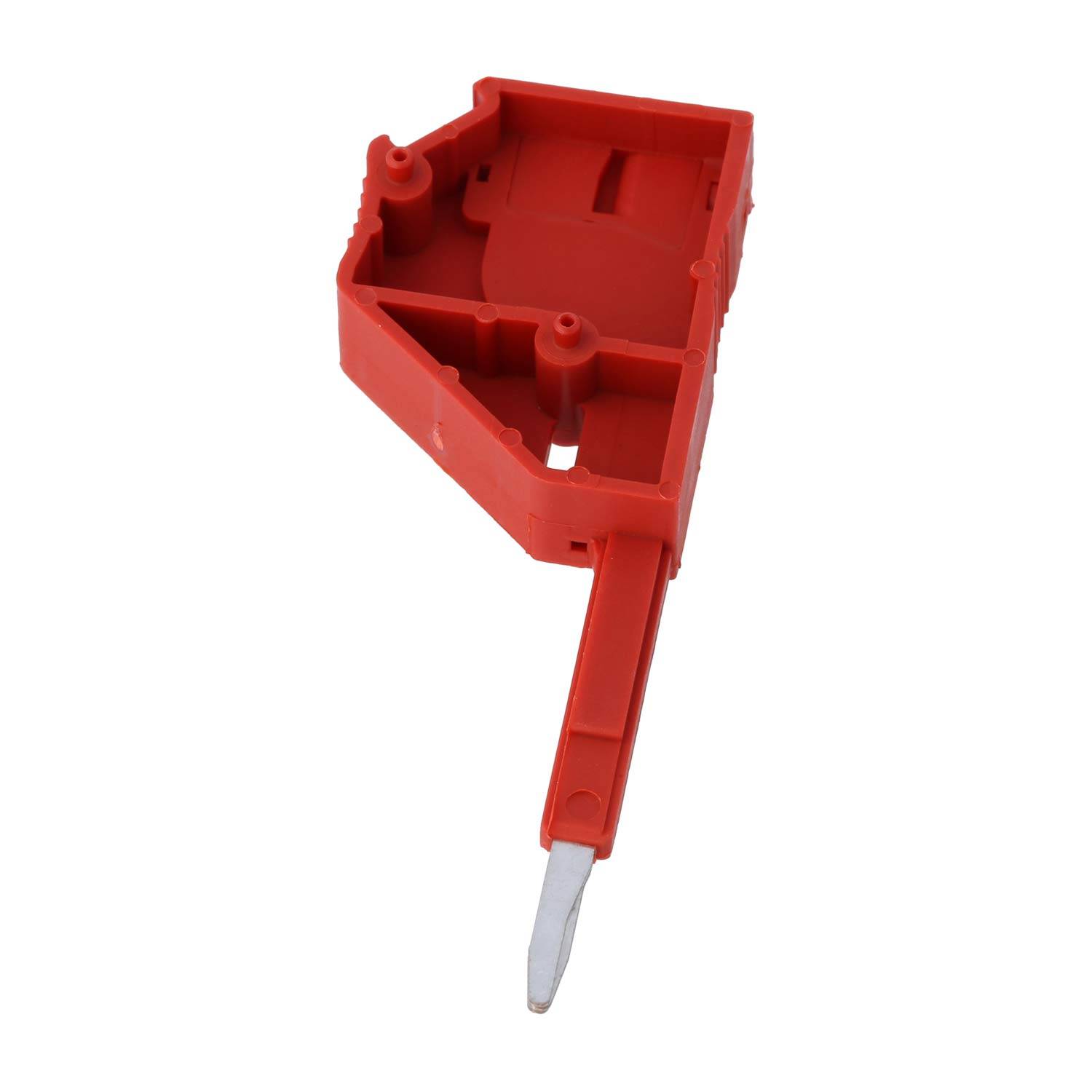 Ein roter Plattenspieler-Stylus aus Kunststoff mit einer spitzen Metallspitze, verwendet zum Abspielen von Vinylschallplatten.