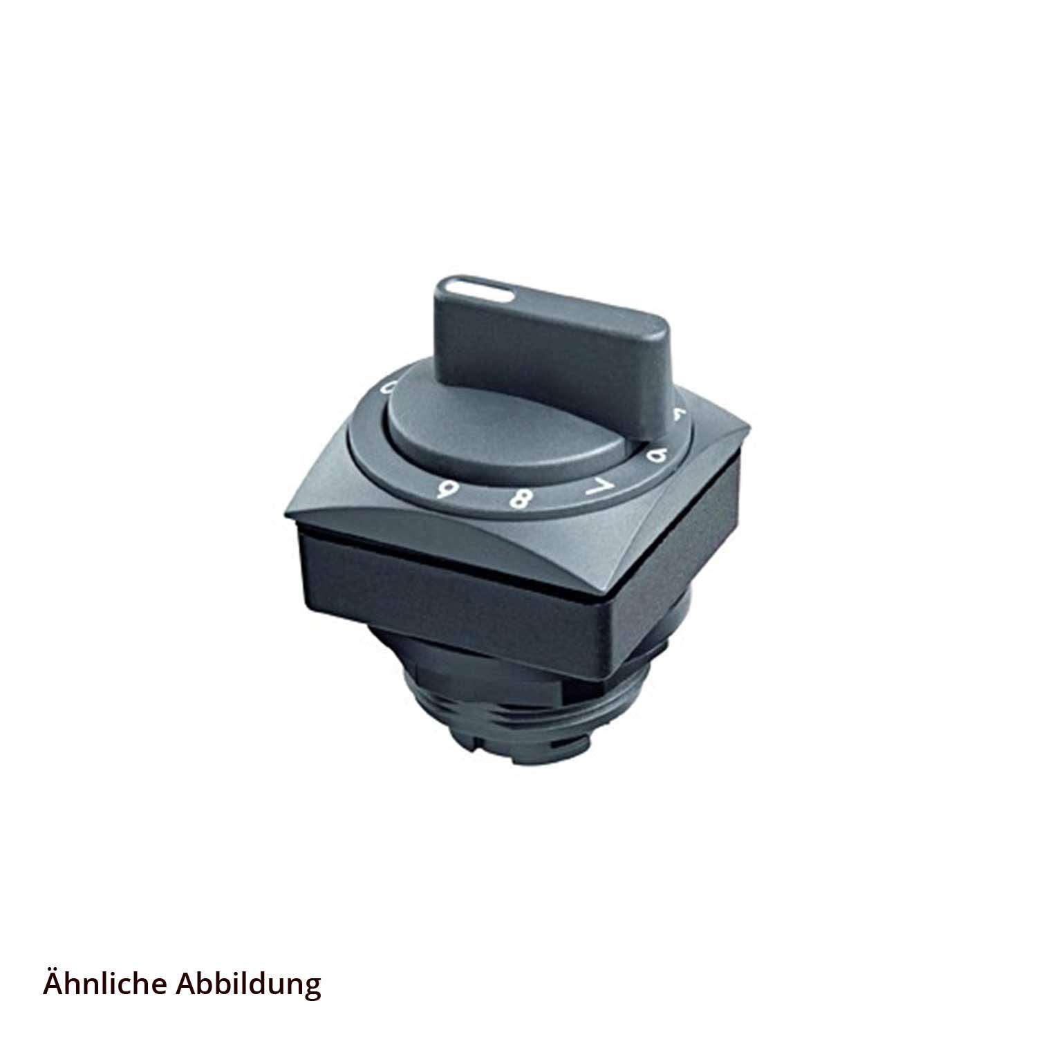 Ein Drehschalter mit einer nummerierten Skala von 0 bis 10, dargestellt in einer Seitenansicht. Der Knopf ist auf der Nummer 1 positioniert.