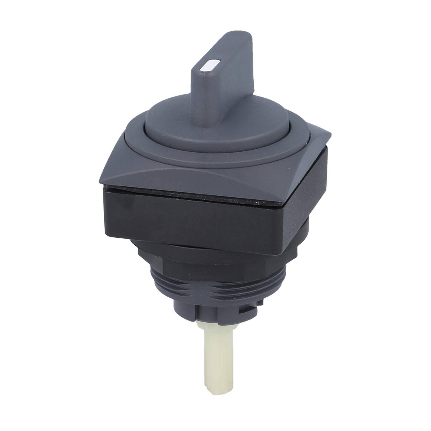 Schwarzer und grauer Drehschalter, auf weißem Hintergrund isoliert, mit gerillter Griffoberfläche zum leichten Drehen und einem schlanken Dorn darunter.