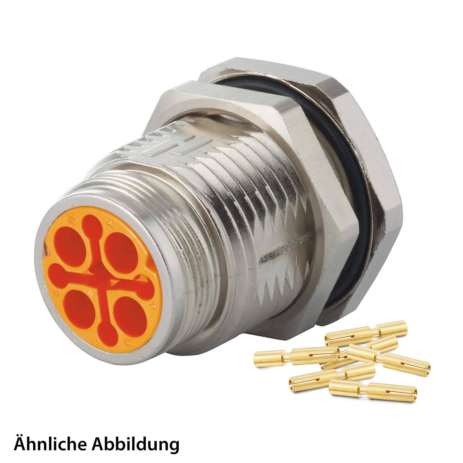 Ein ähnliches Bild zeigt einen metallischen elektrischen Anschluss mit einer sechseckigen Mutter und einem rot-orangefarbenen Gesicht, zusammen mit mehreren goldenen Kontaktstiften.