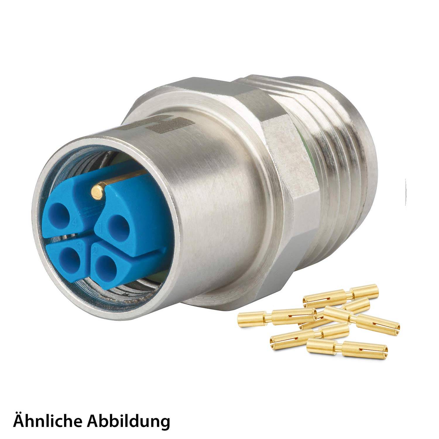 Ein Metallverbinder mit drei blauen Buchsen, begleitet von mehreren kleinen Goldstiften. Text unten liest sich 