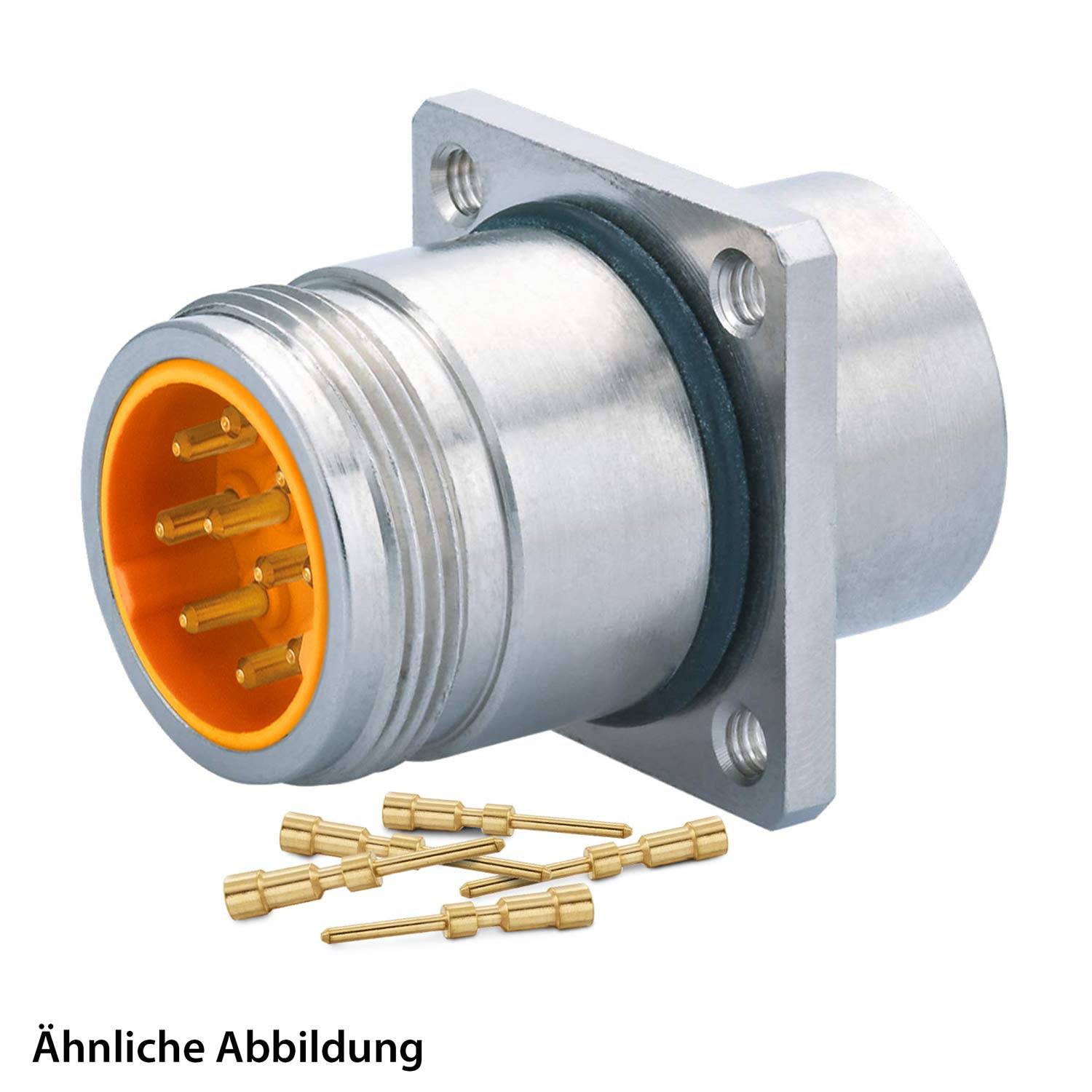 Ein zylindrischer Metall-Elektroanschluss mit gelber Innenauskleidung und sieben goldenen Kontaktstiften, dargestellt mit separaten Goldstiften in der Nähe. Beschriftung: 'Ähnliche Abbildung'.