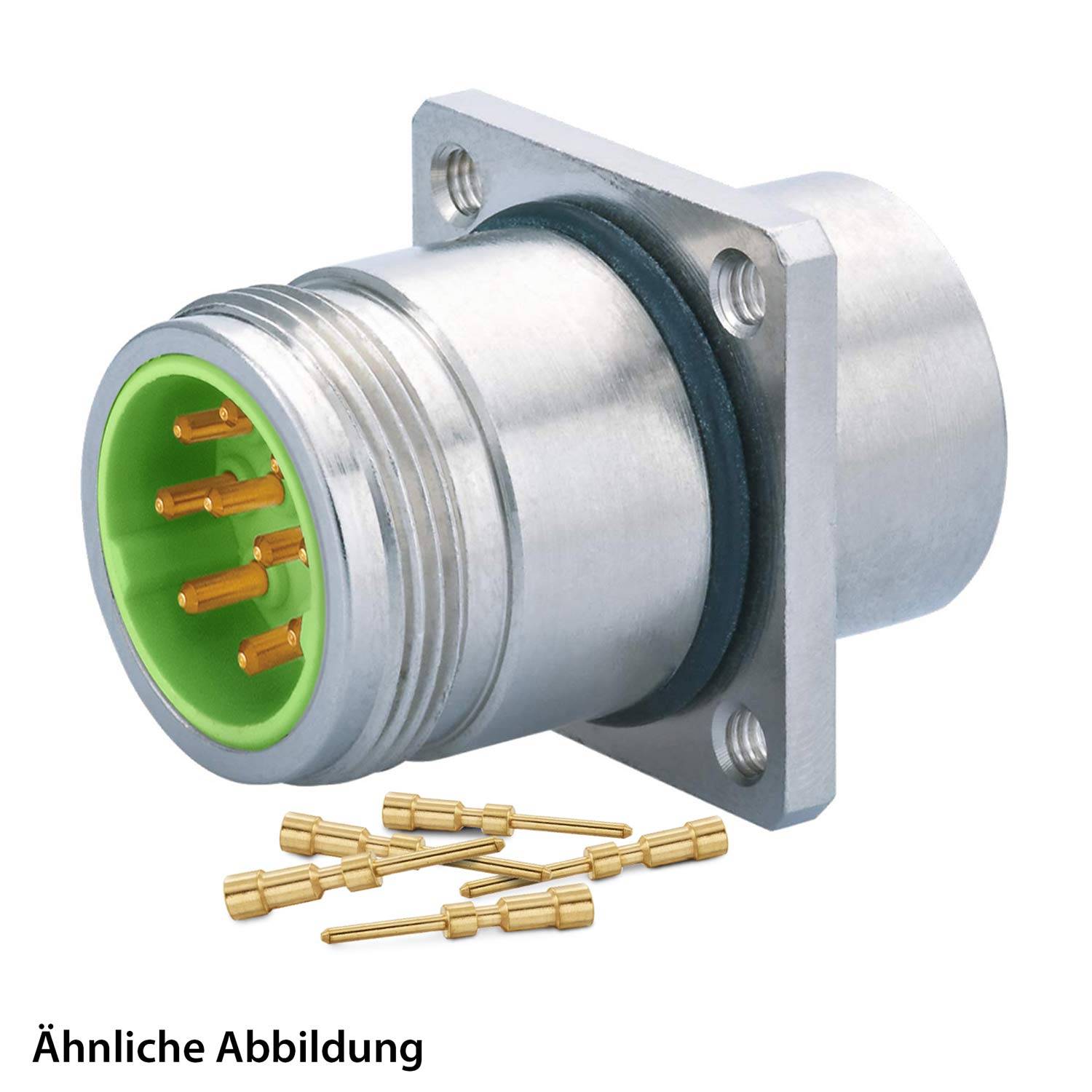 Ein kreisförmiger Metallverbinder mit mehreren Goldstiften, der ein grünes Innengehäuse aufweist, wird zusammen mit mehreren losen Goldstiften präsentiert.