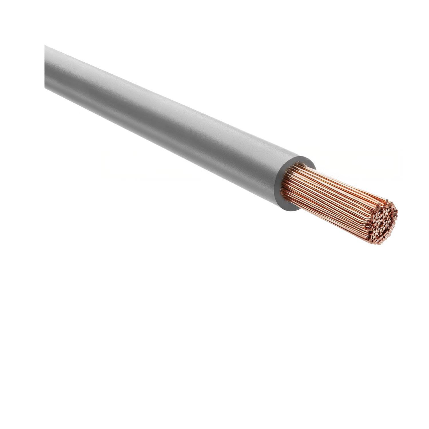 Ein Querschnittsbild eines elektrischen Kabels, das Kupferdrähte in einer grauen Schutzummantelung zeigt.