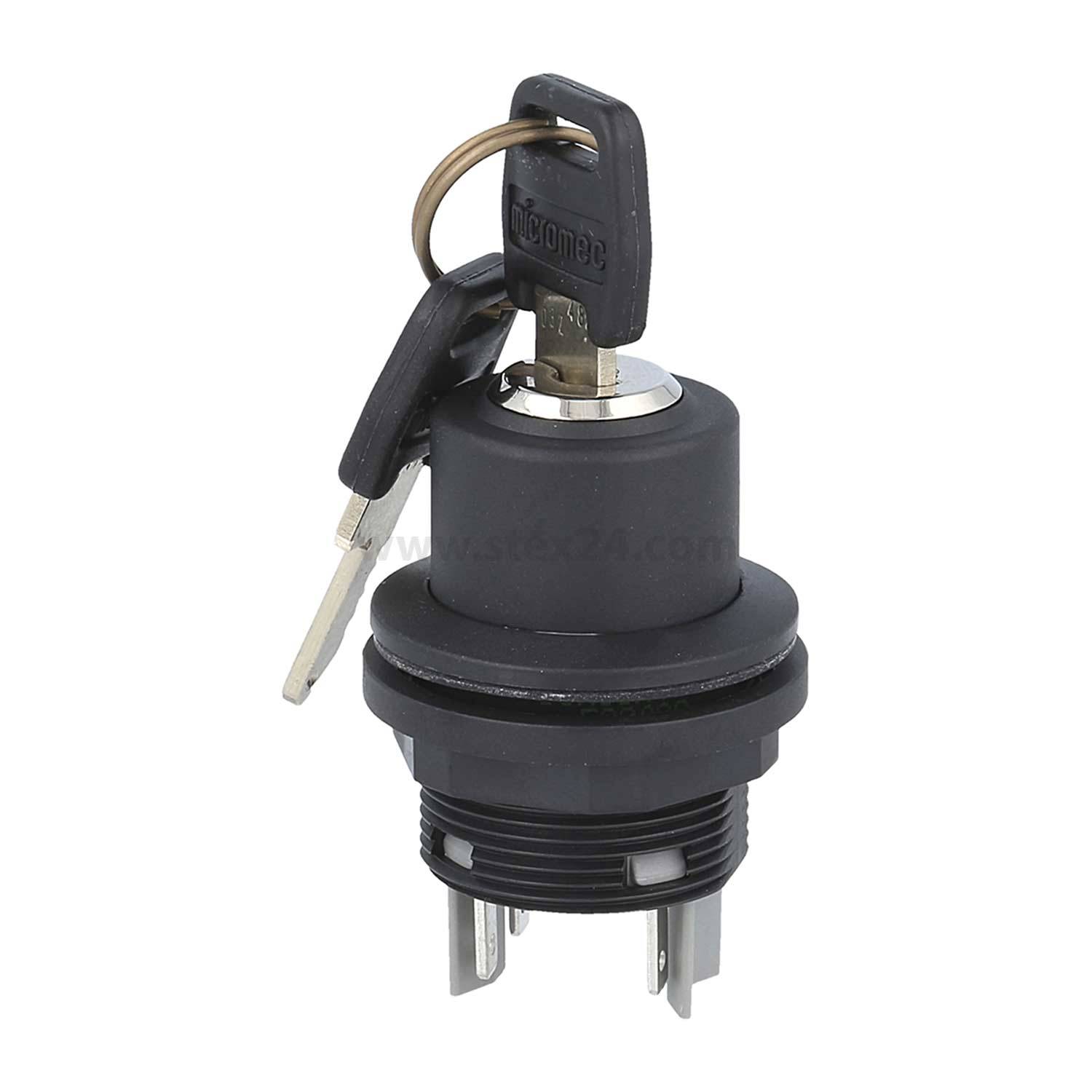 Ein schwarzer schlüsselbetätigter Schalter mit eingelegtem Schlüssel. Der Schalter verfügt an der Basis über drei Anschlüsse für elektrische Verbindungen.