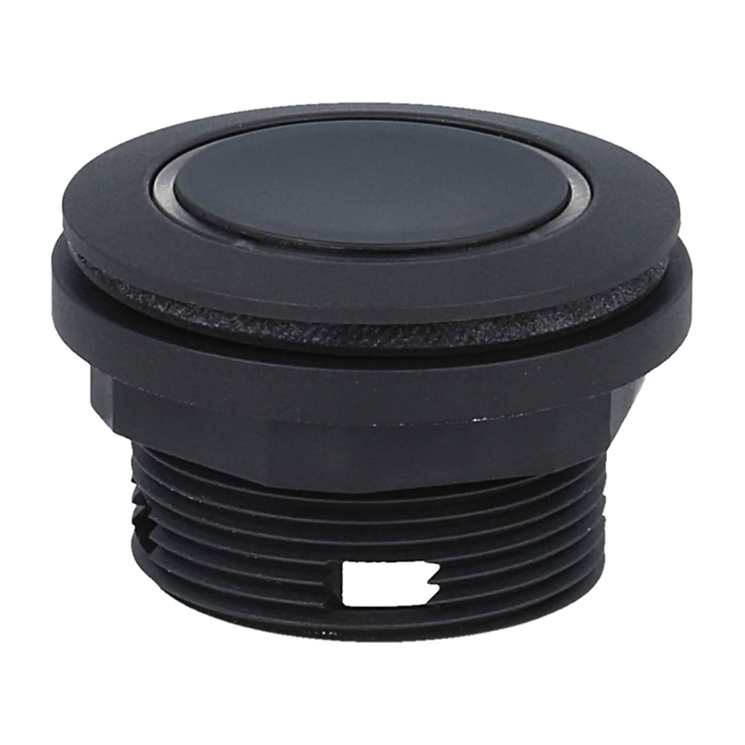 Ein schwarzer, runder Drucktaster mit Gewindebasis, der für die Montage in Schalttafeln in elektronischen oder industriellen Anwendungen konzipiert ist.
