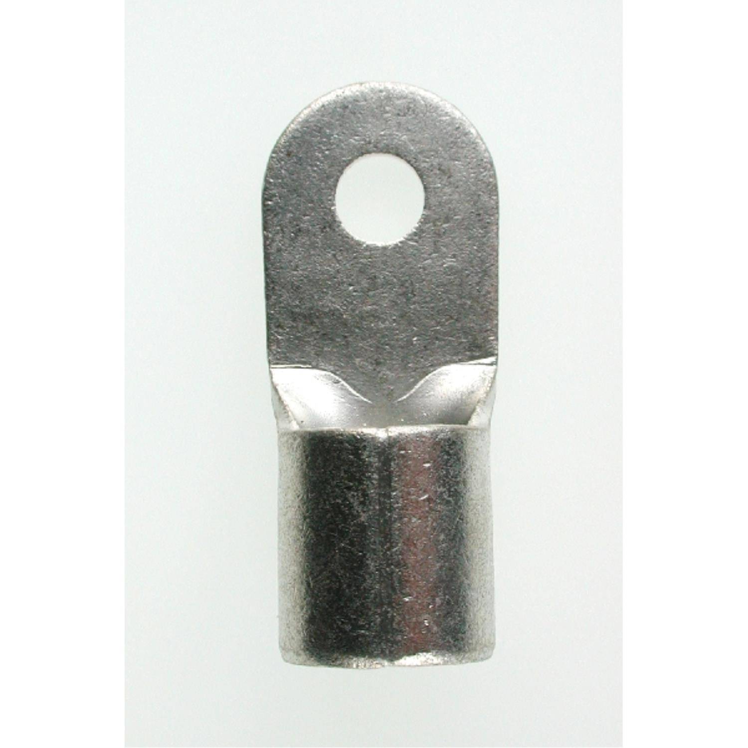 Ein Metalldrahtverbinder mit einem zylindrischen Boden und einer flachen Oberseite, die eine einzelne kreisförmige Öffnung zur Befestigung in elektrischen Anwendungen aufweist.