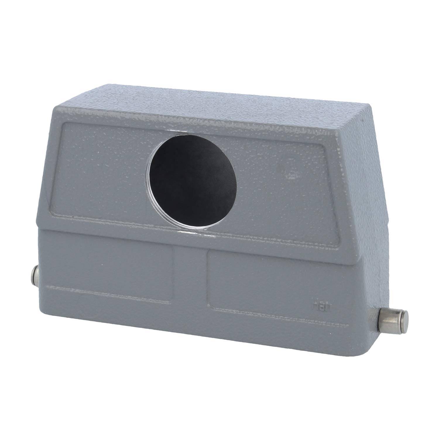 Eine graue, rechteckige Gehäuseeinheit mit einer kreisförmigen Öffnung an der Vorderseite, die häufig für industrielle oder elektronische Anwendungen verwendet wird.