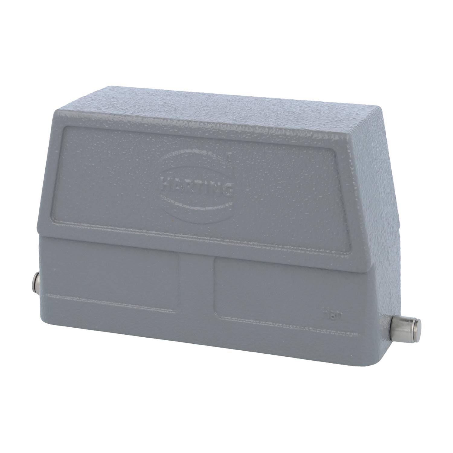 Robustes rechteckiges elektrisches Anschlussgehäuse, grau mit strukturierter Oberfläche, eingeprägtem Markenlogo und Kabelzugang von oben.