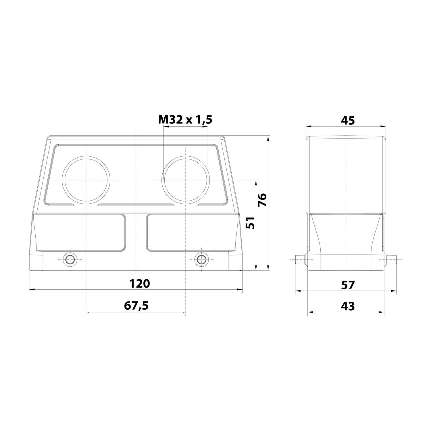 05300240661 HARTING Han 24B Tüllengehäuse hoch, 2xM32 Front Kabelabgang, für 2 Bügel (am Unterteil) Verschraubung M32