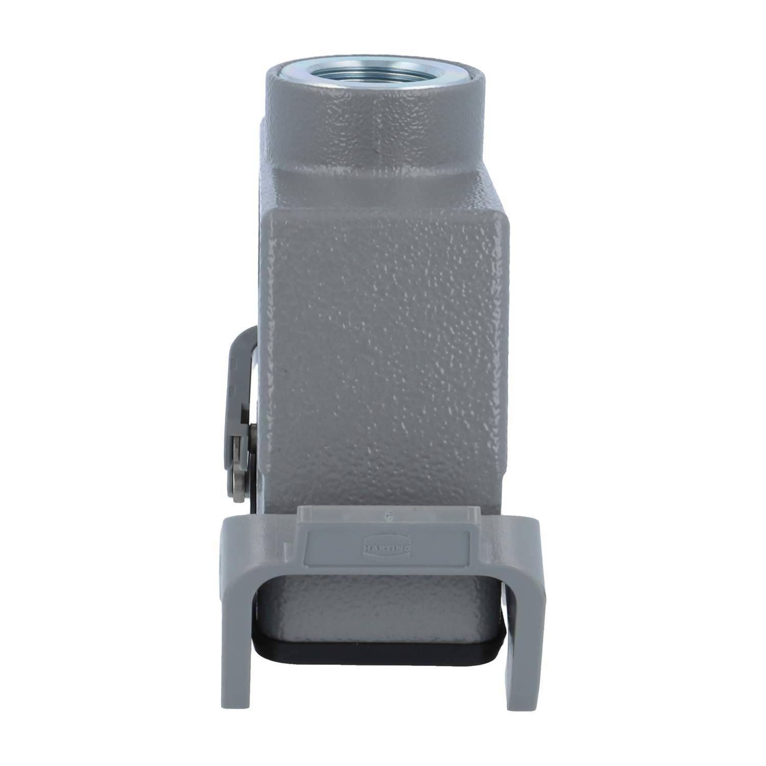 Ein grau-metallfarbenes, rechteckiges Anschlussgehäuse mit einer oberen Gewindeöffnung und einer Sicherungsklemme am unteren Ende.