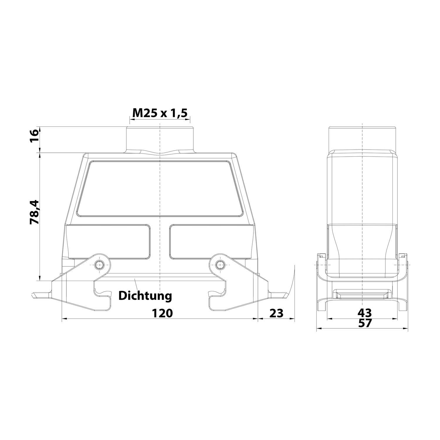 05300240761 HARTING Han 24B Kupplungsgehäuse hoch, 1xM25 gerader Kabelabgang, mit 2 Querbügeln Verschraubung M25