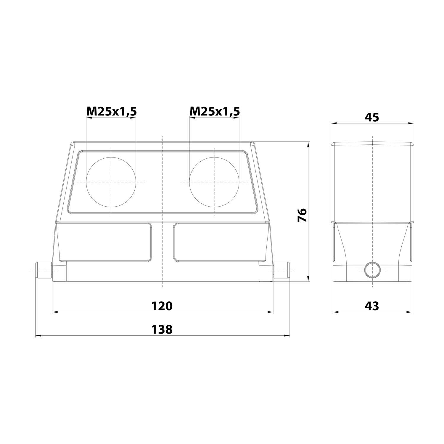 HARTING Han 24B Tüllengehäuse hoch, 2xM25 Front Kabelabgang, für 1 Bügel (am Unterteil) Verschraubung M25 Klemmbereich