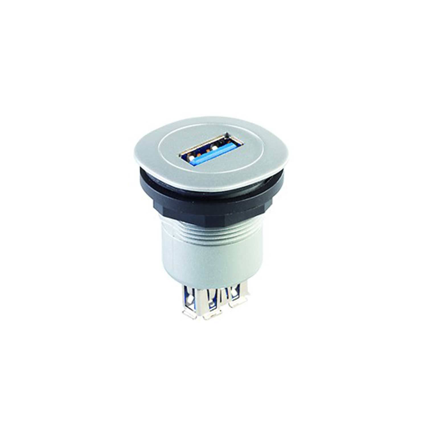 Eine runde USB-Buchse für Einbaumontage, mit silberfarbener Außenseite und blauem Innenbereich, die eine USB 3.0-Verbindung hervorhebt.