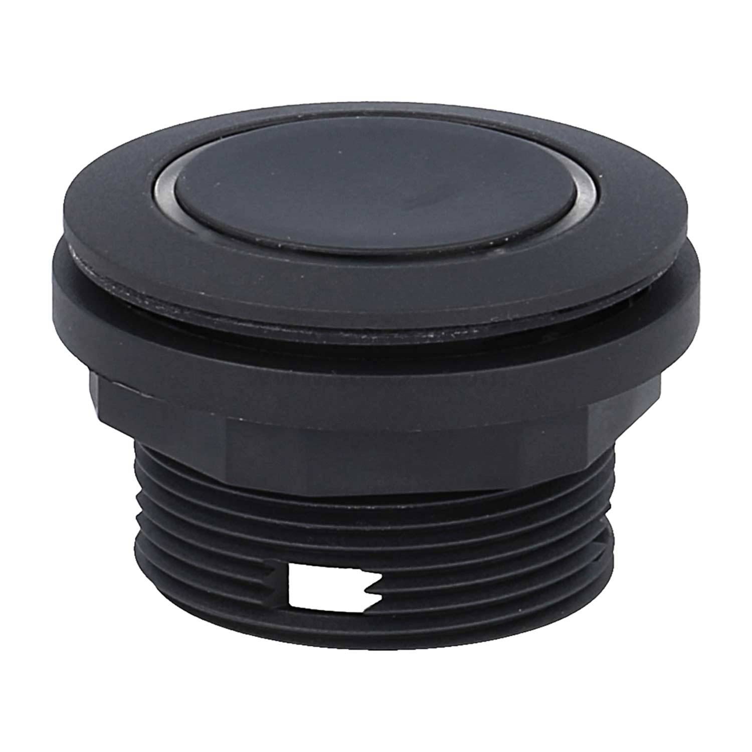 Schwarzer, flacher Luftschalter-Knopf für Abfallentsorgungssysteme mit runder, matter Oberfläche und Gewindeanschluss.