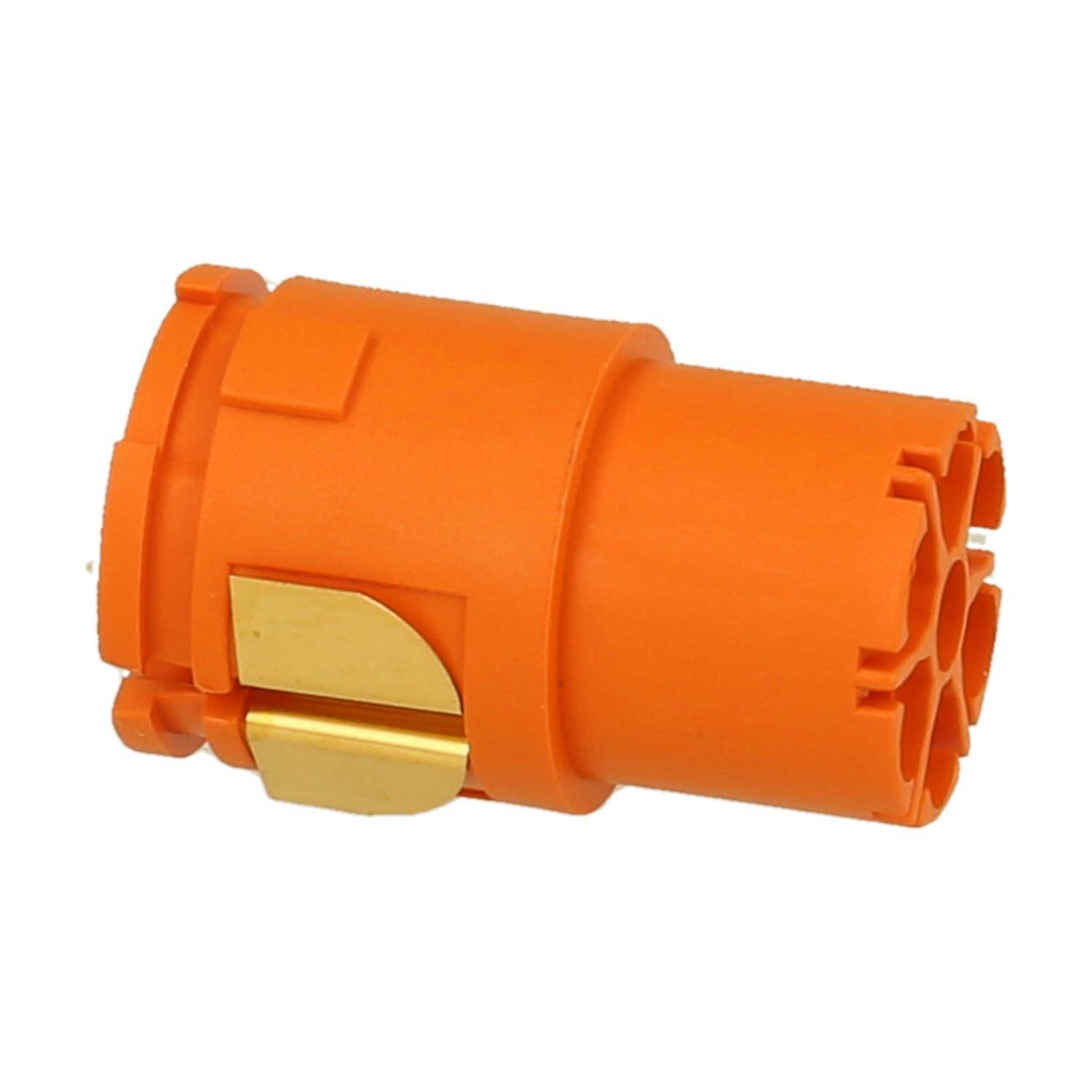 Ein orangefarbener, zylindrischer Plastikverbinder mit Goldkontakten, der für elektrische Verbindungen in verschiedenen elektronischen Geräten verwendet wird.